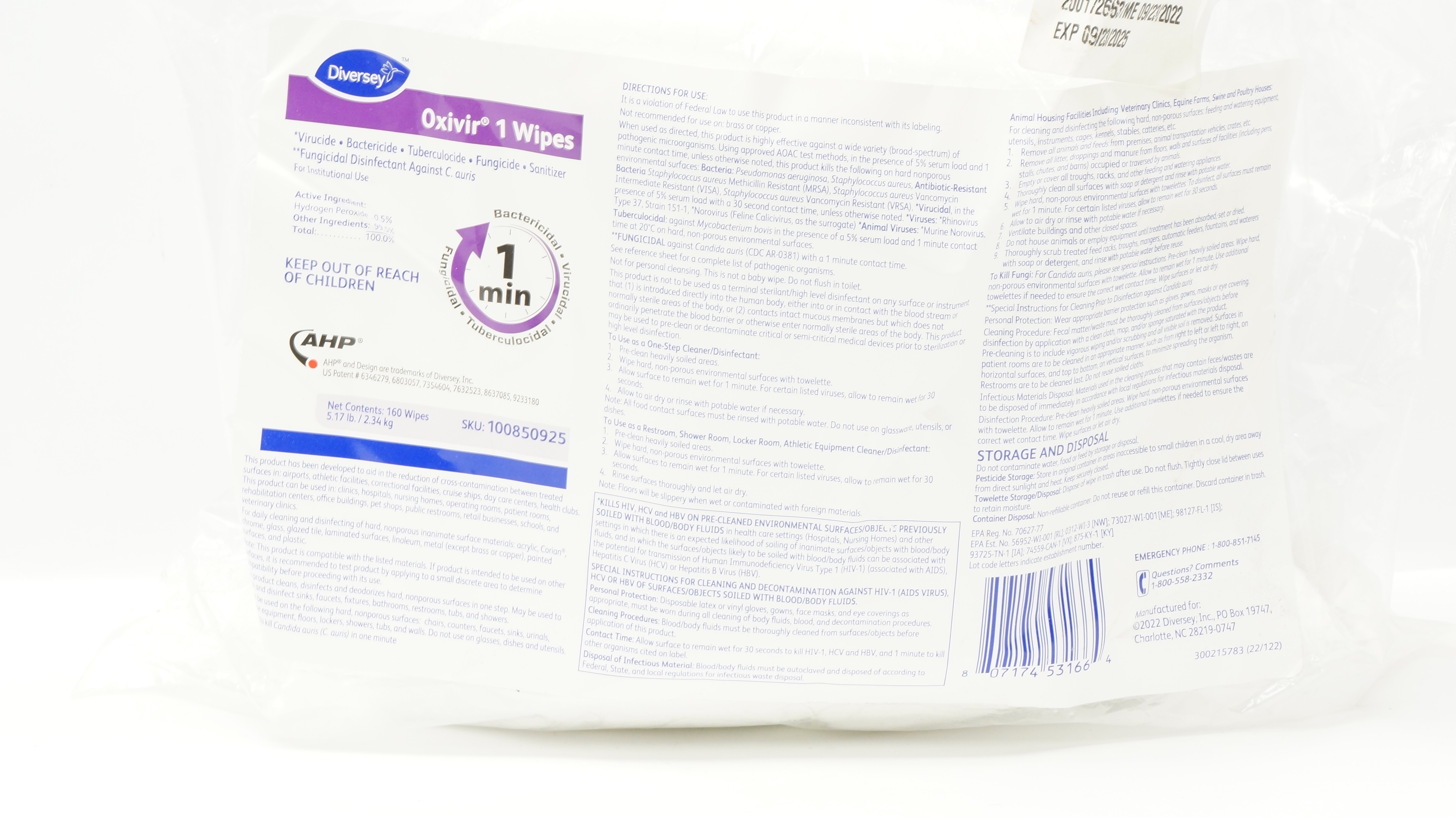 AHP 100850925 Diversey Oxivir 1 Wipes 5.17lbs. - Pack of 160