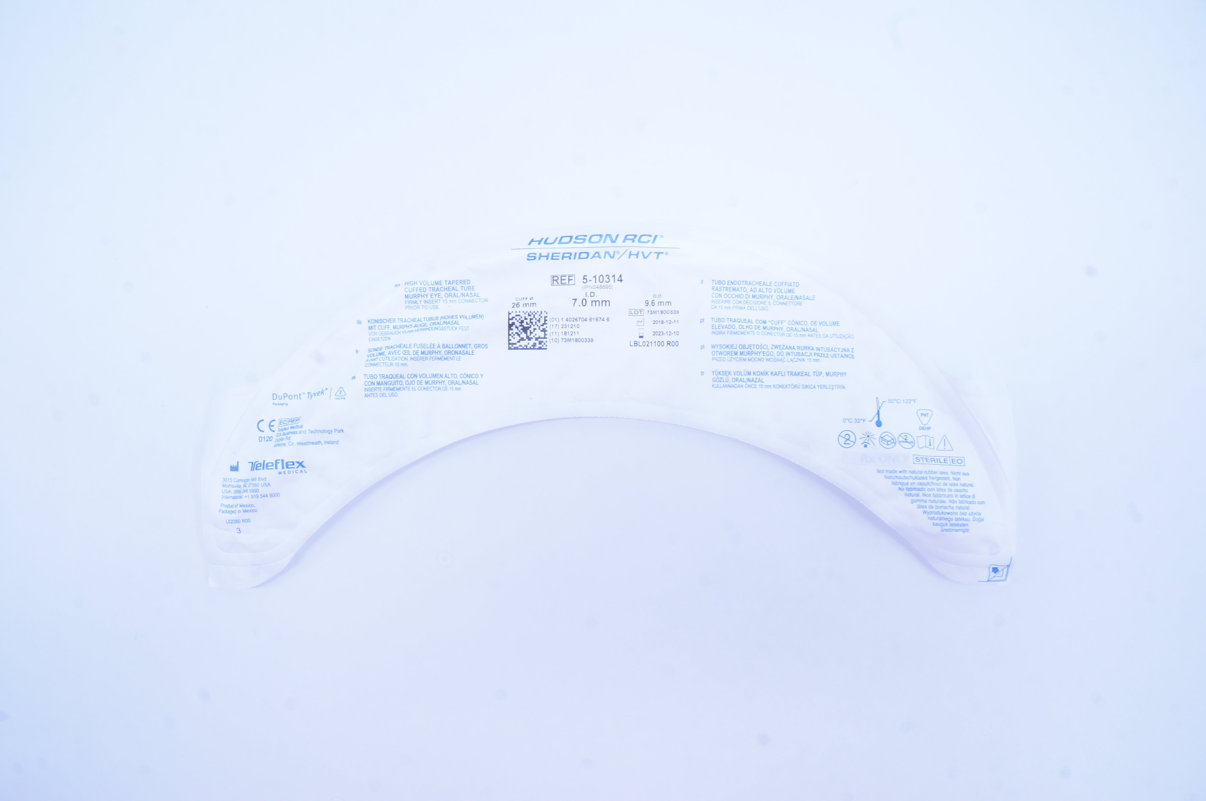 Teleflex 5-10314 Hudson RCI Sheridan HVT Cuffed Tracheal Tube 26 x 7 x 9.6mm