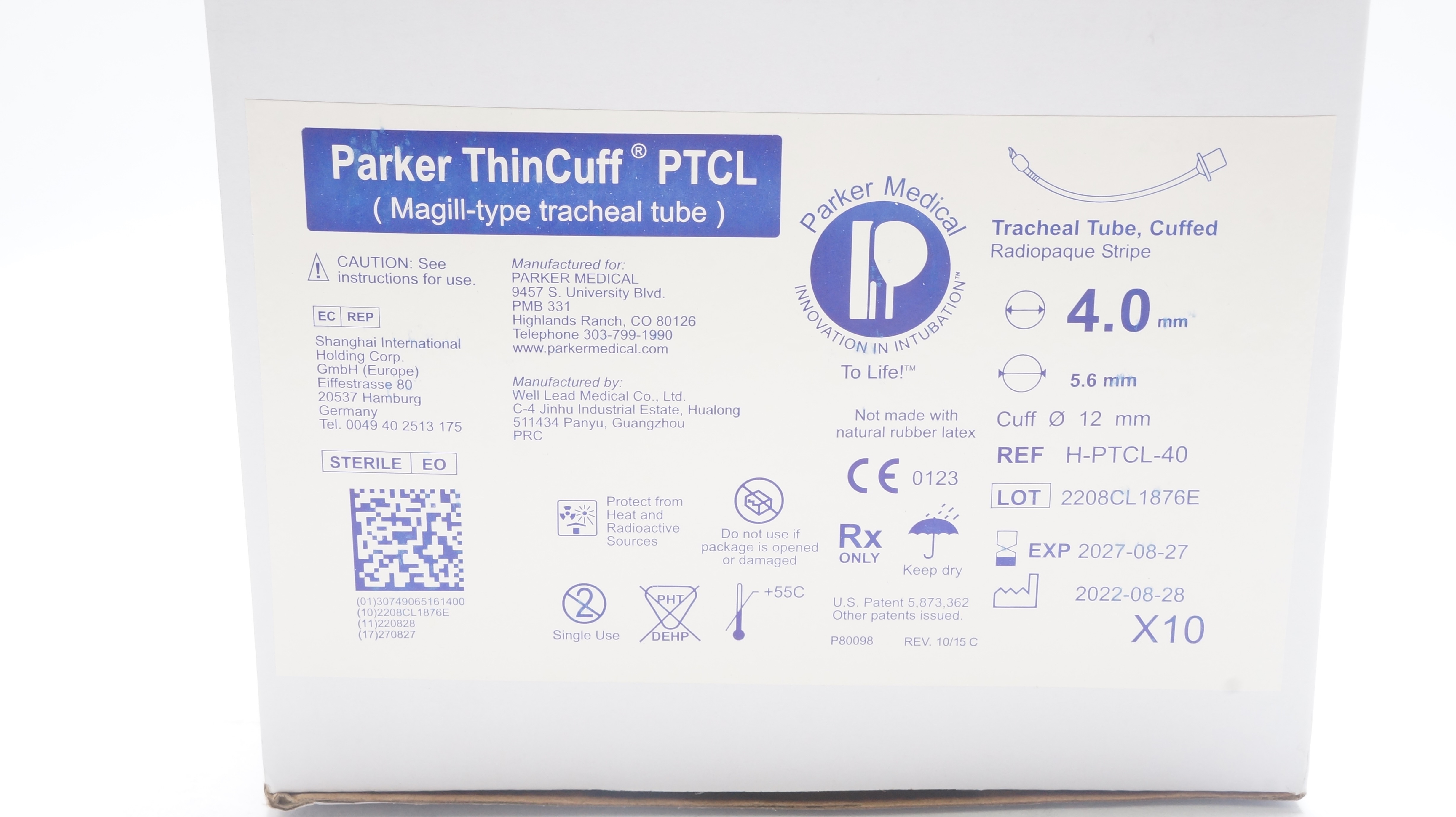 Parker Medical H-PTCL-40 ThinCuff PTCL Tracheal Tube 4.0mm x 5.6mm - Box of 10