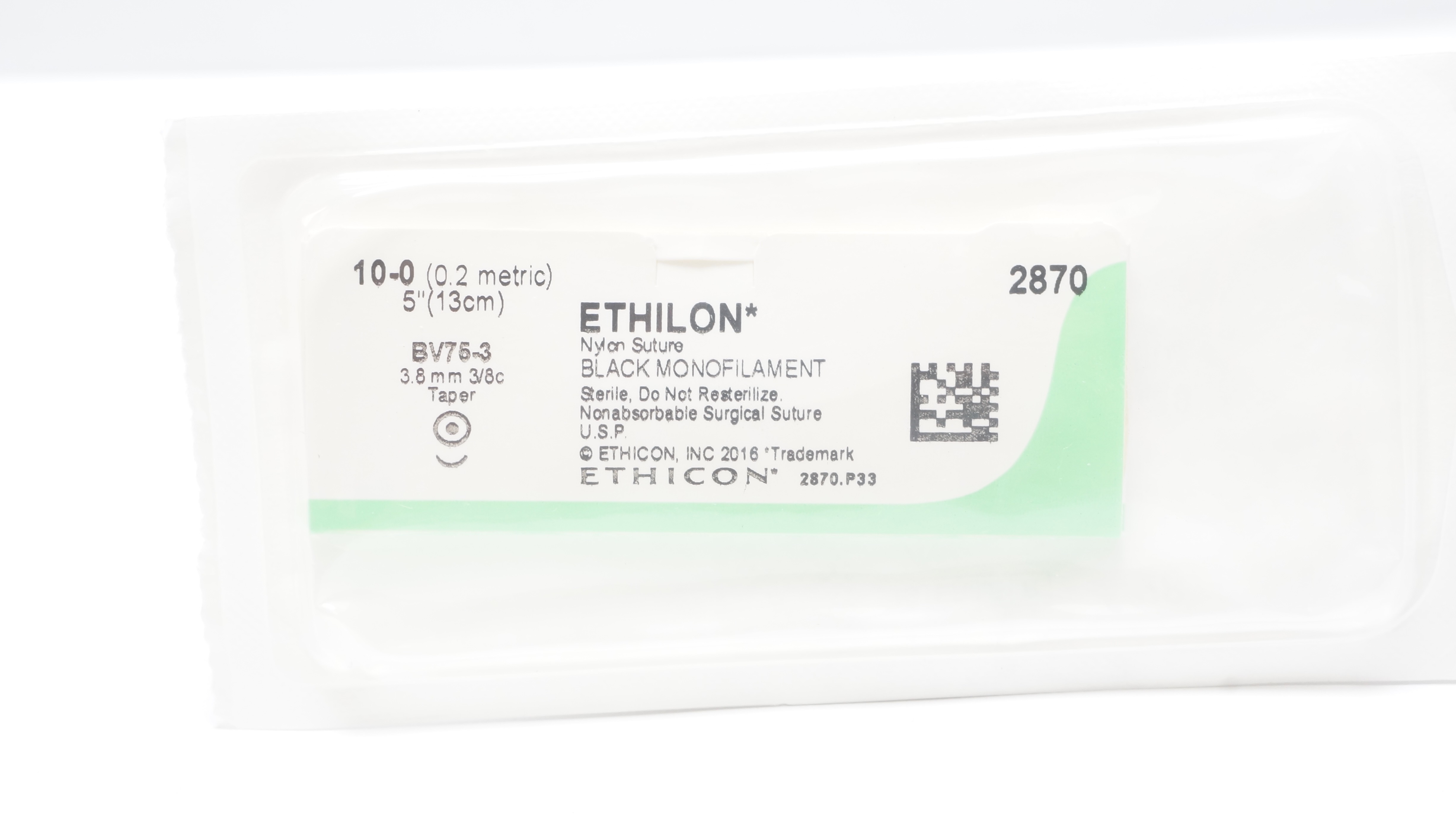 Ethicon 2870 10-0 Ethilon Nylon Stre BV75-3 3.8mm 3/8c Taper, 5inch