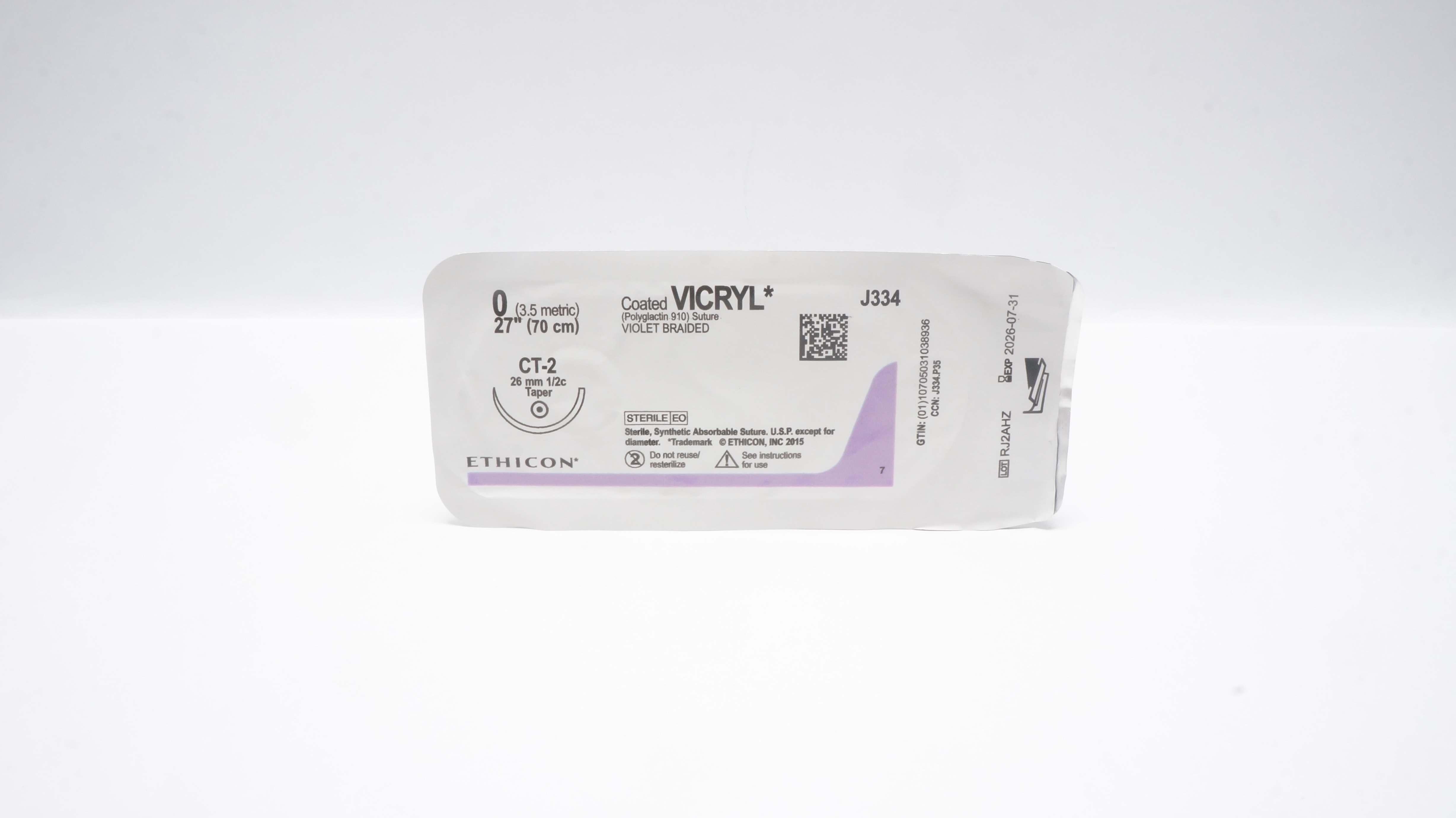 Ethicon J334 0 Coated VICRYL Polyglactin Stre CT-2 26mm 1/2c Taper, 27inch