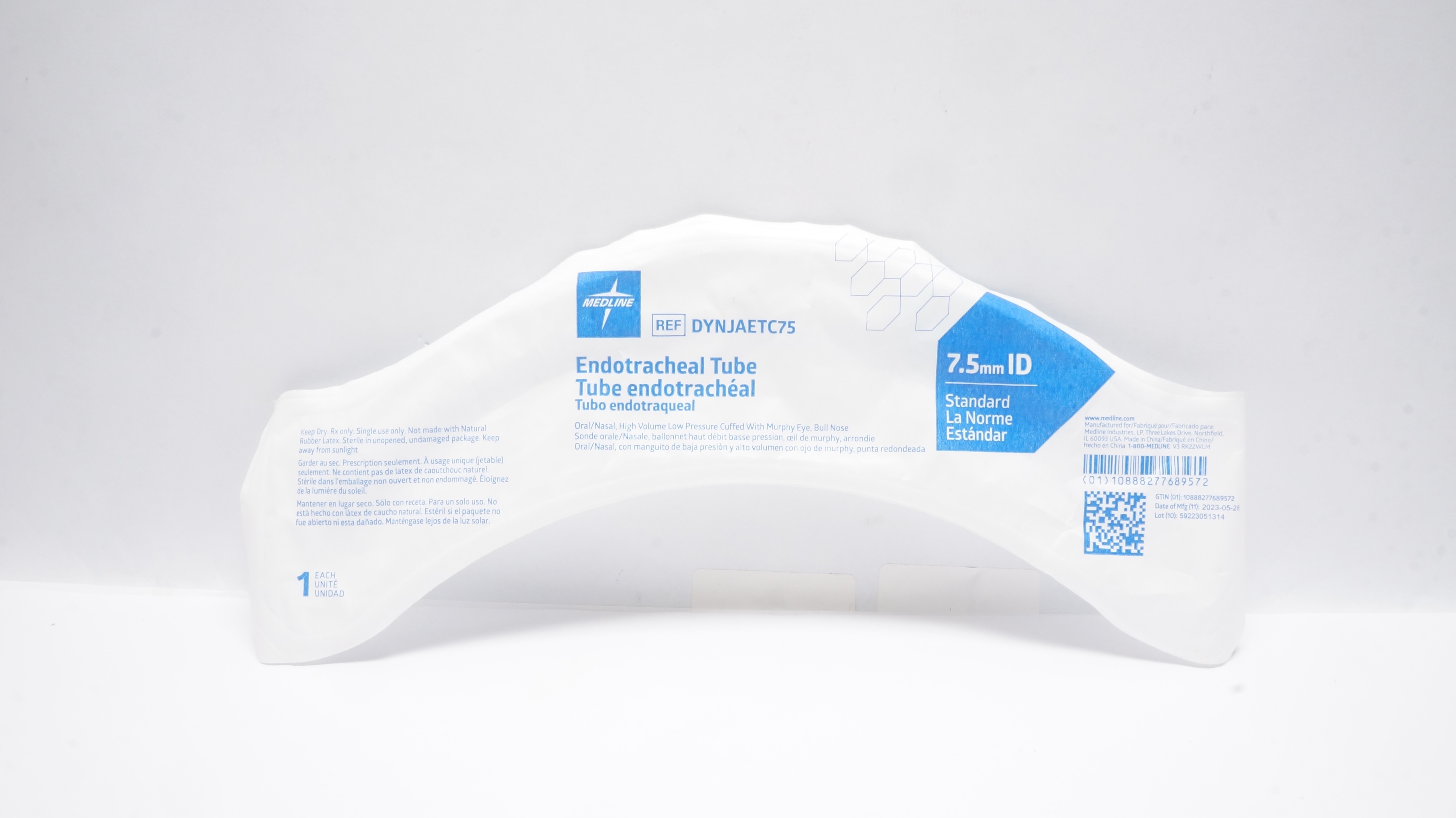 Medline DYNJAETC75 Oral/Nasal Endotracheal Tube Standard 7.5mm ID