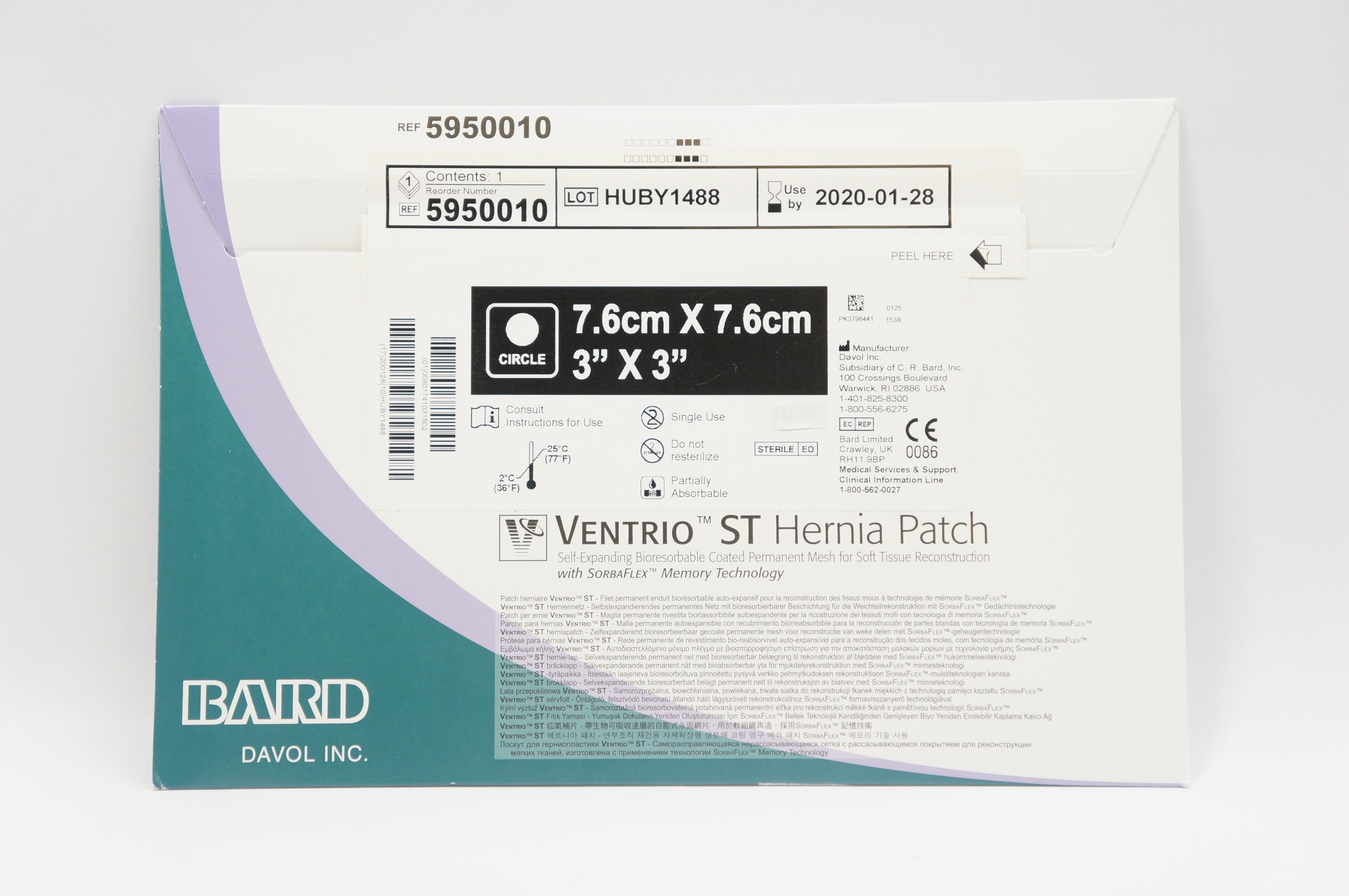Bard 5950010 Davol Ventrio ST Hernia Patch 3inch x 3inch (x)