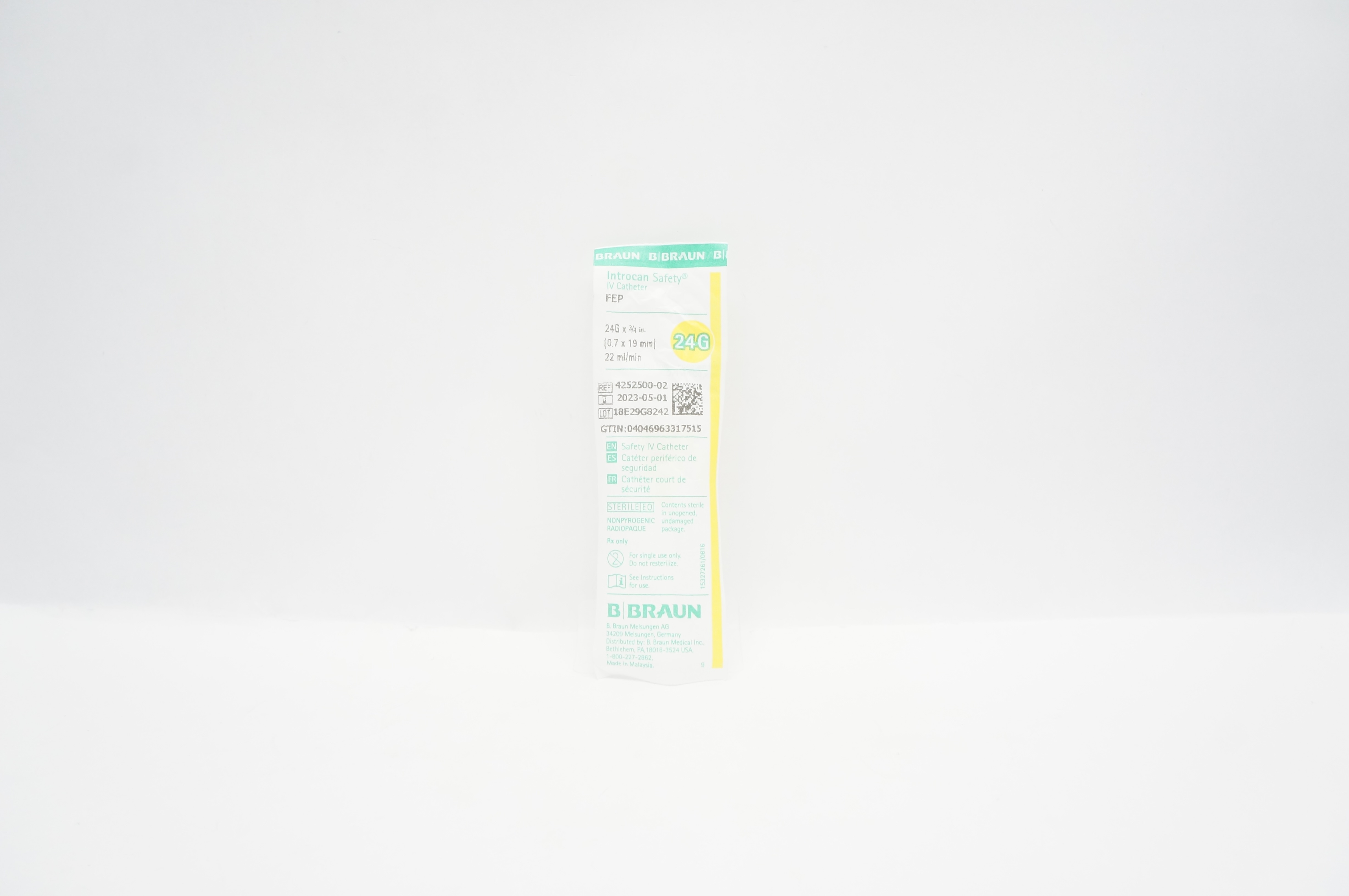 Braun 4252500-02 Introcan Safety IV Cath. 24G x 3/4 inch x 22 mL/min