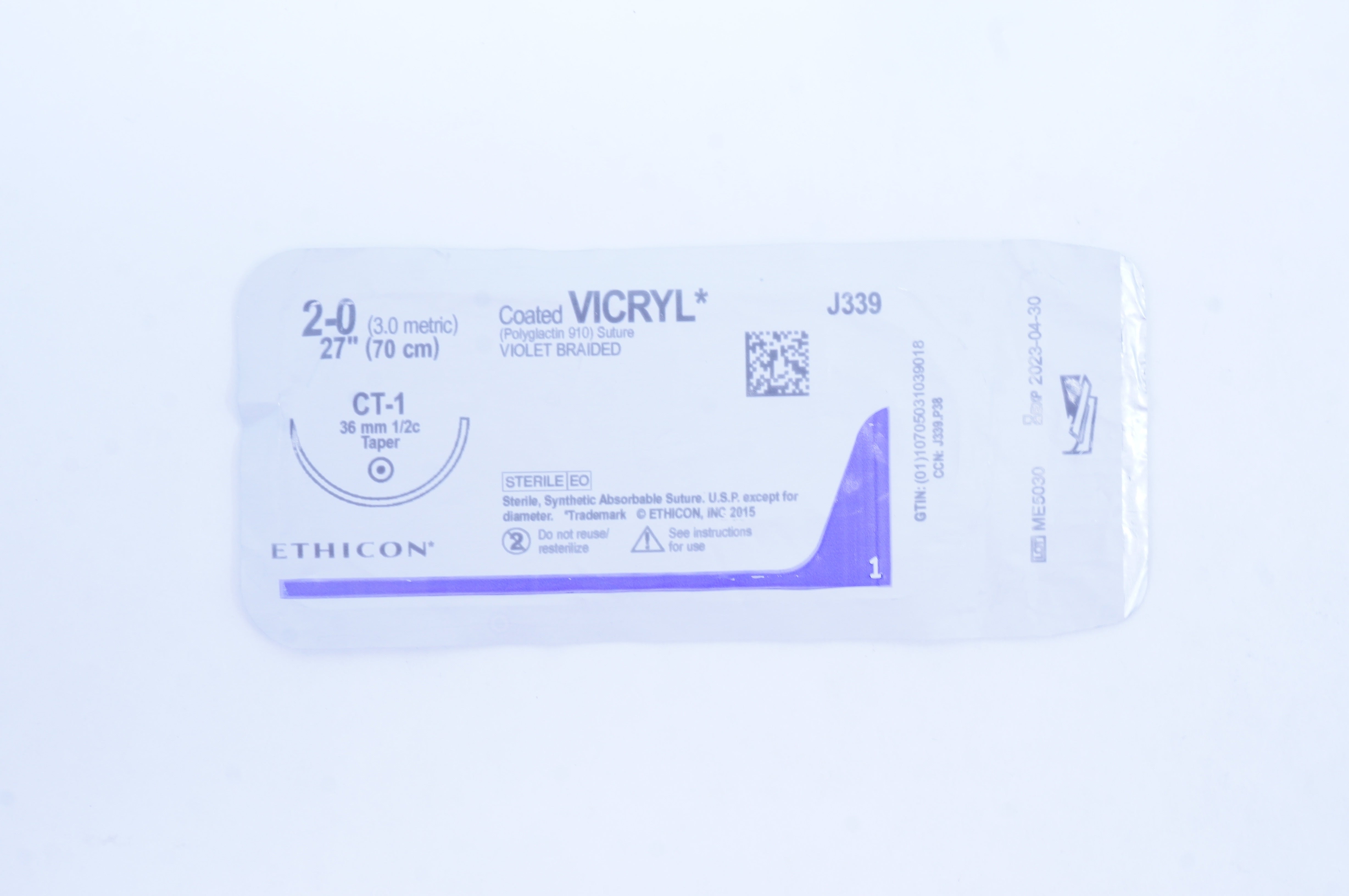 Ethicon J339 2-0 Coated VICRYL Stre CT-1 36mm 1/2c Taper, 27 inch