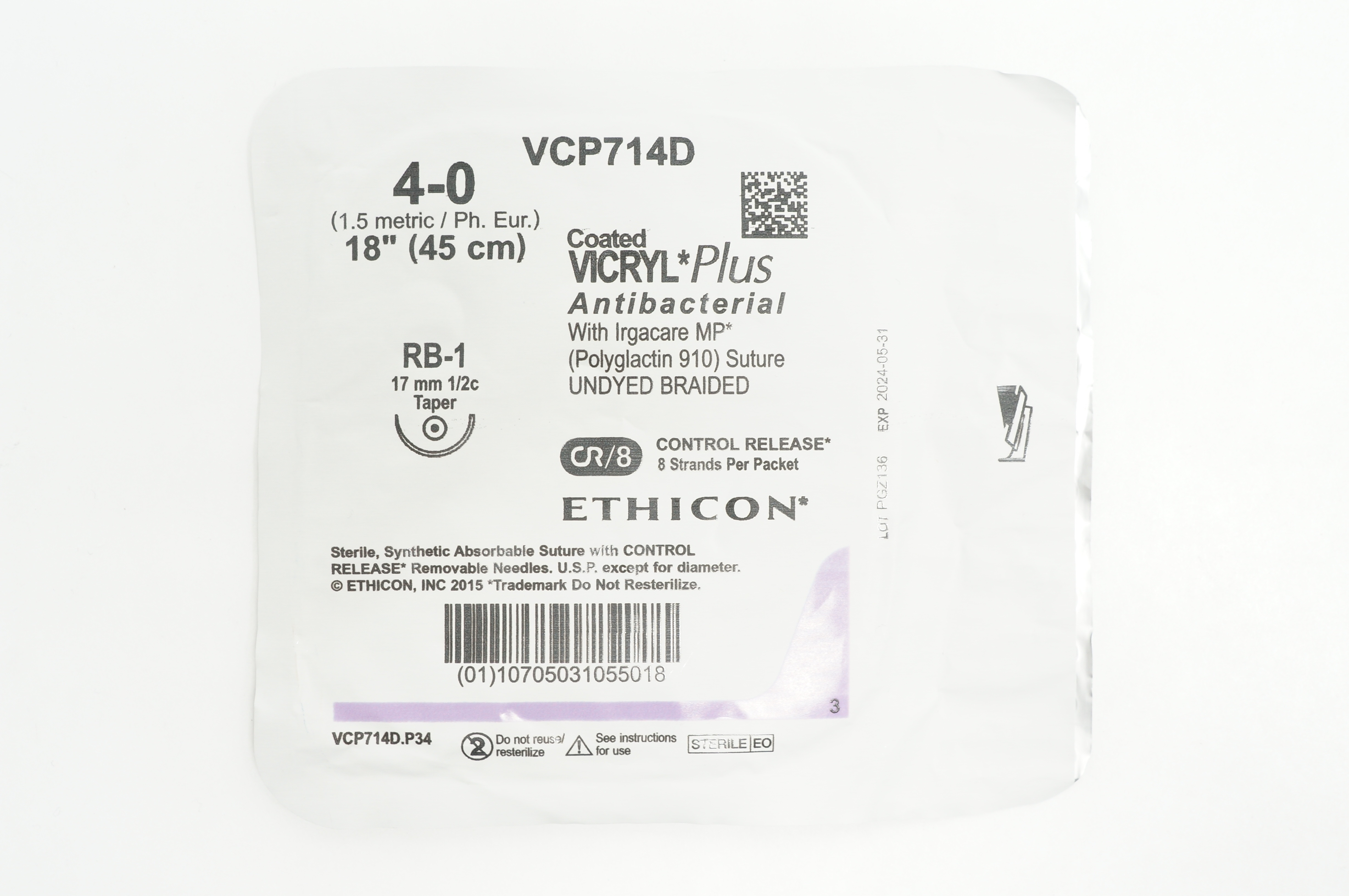 Ethicon VCP714D 4-0 VICRYL Plus RB-1 17mm 1/2c Taper, 18inch