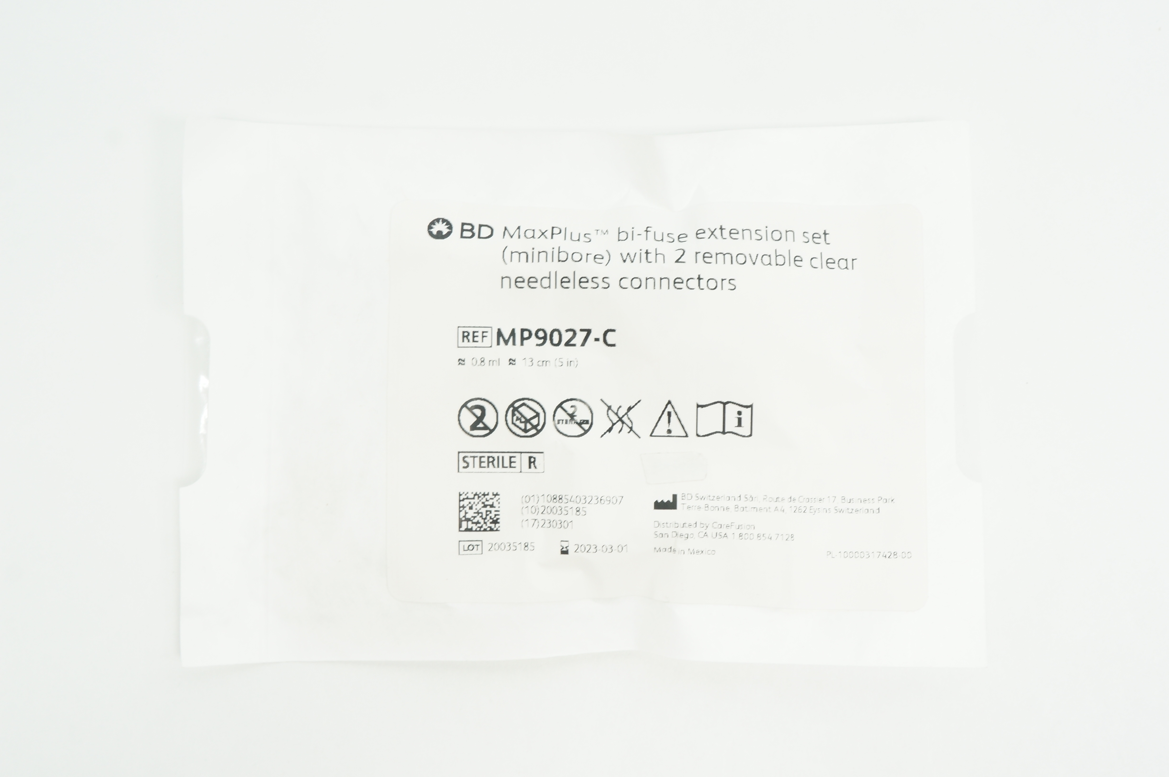 BD MP9027-C MaxPlus Bi-Fuse Extension Set W/2 Removable Connectors 0.8ml x 5inch