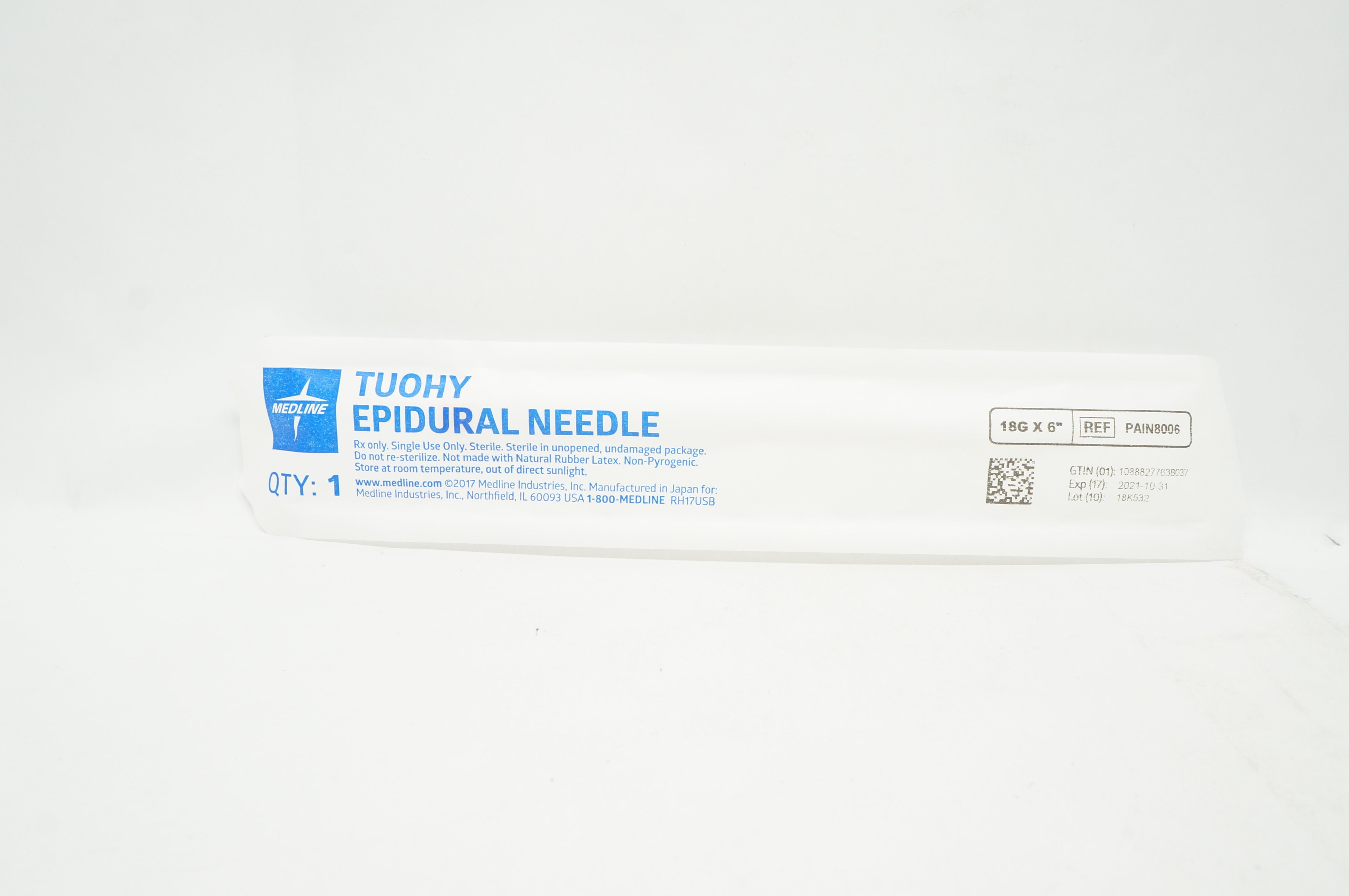 Medline PAIN8006 Tuohy Epidural Ndle 18G x 6inch