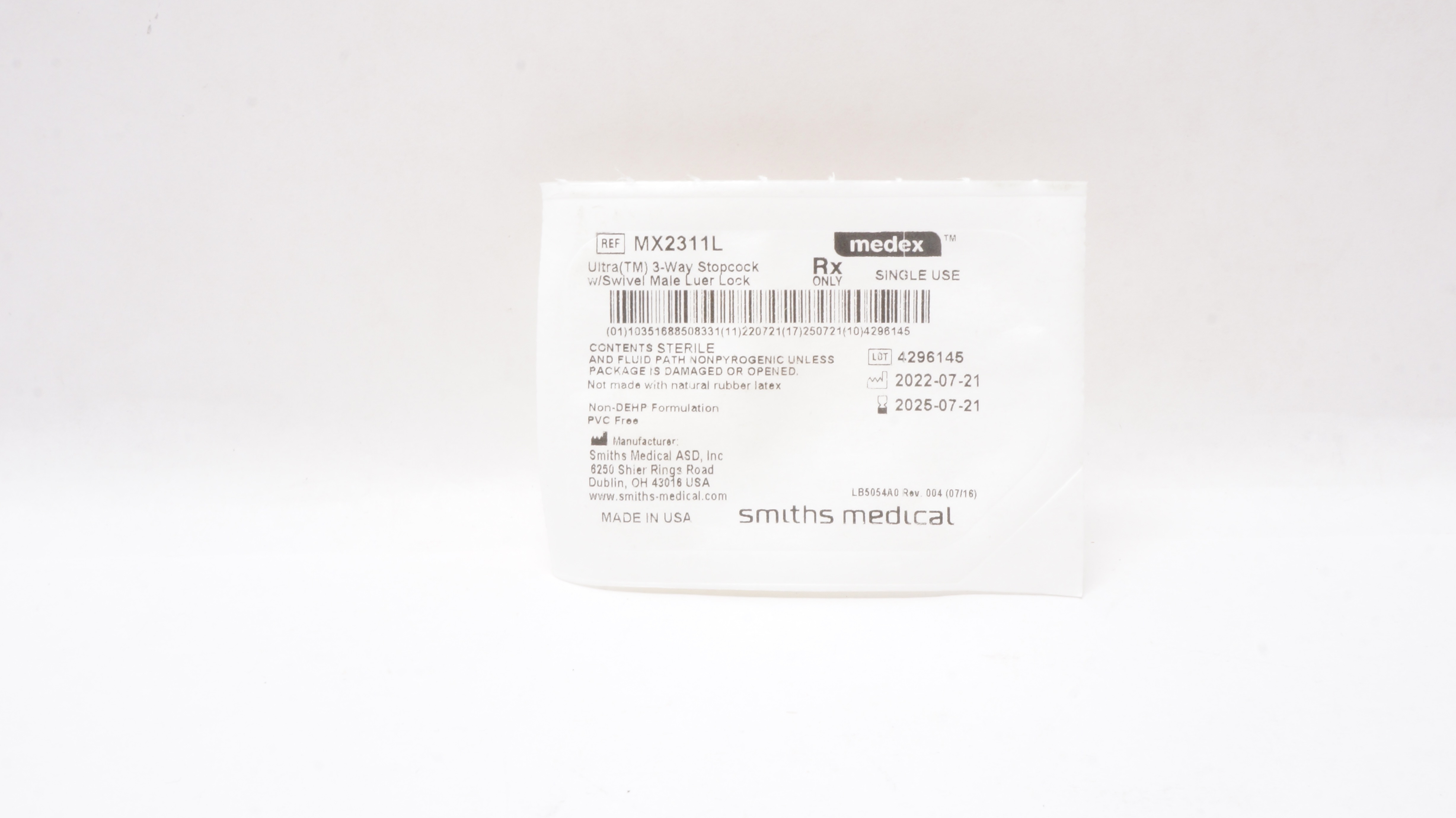 Smiths Medical MX2311L Medex Ultra(TM) 3-Way Stopcock w/Swivel Male Luer Lock