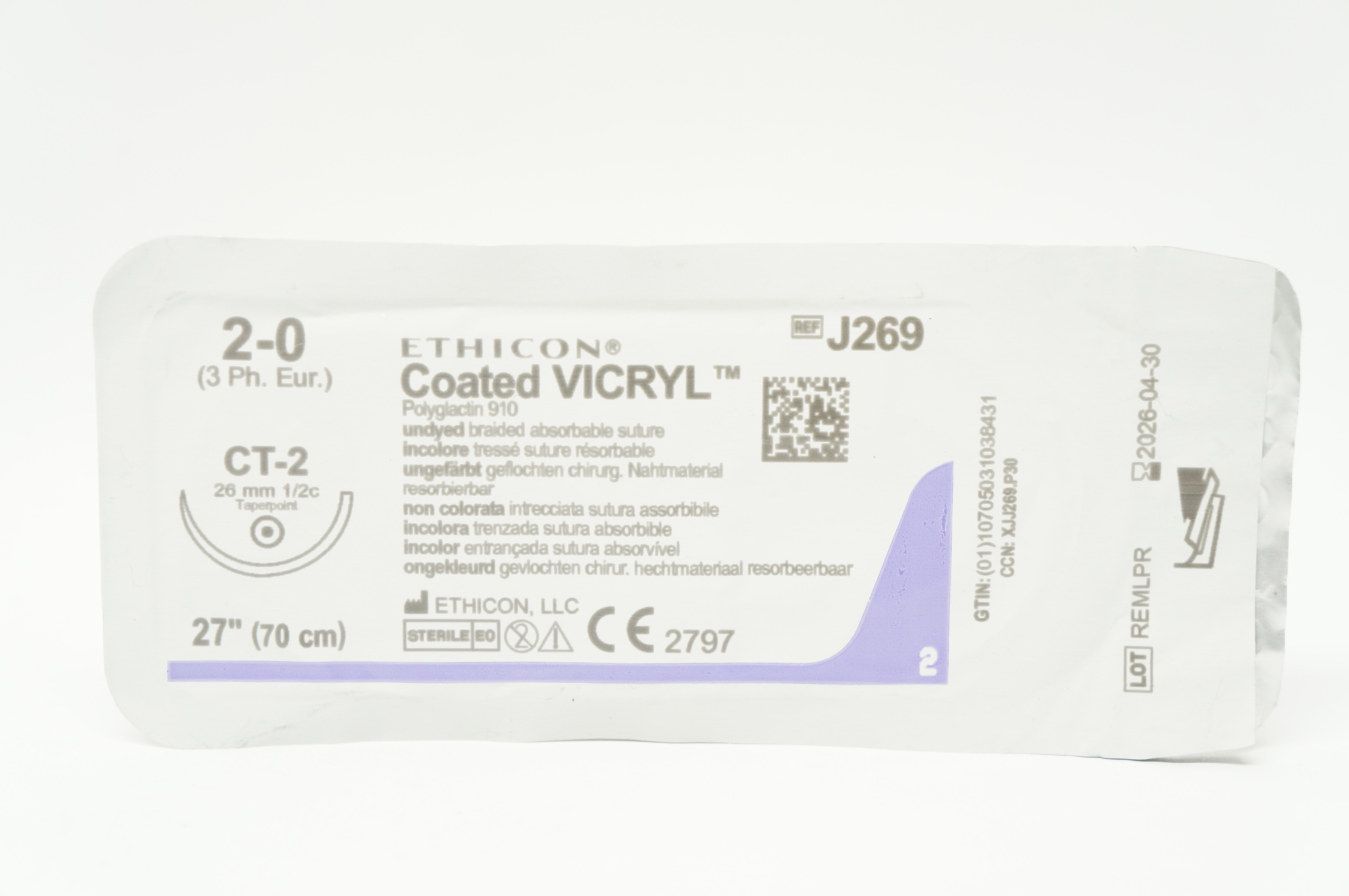 Vic Ryp Ethicon J269 2-0 Coated VICRYL Polyglactin Stre CT-2 26mm 1/2c Taper ...