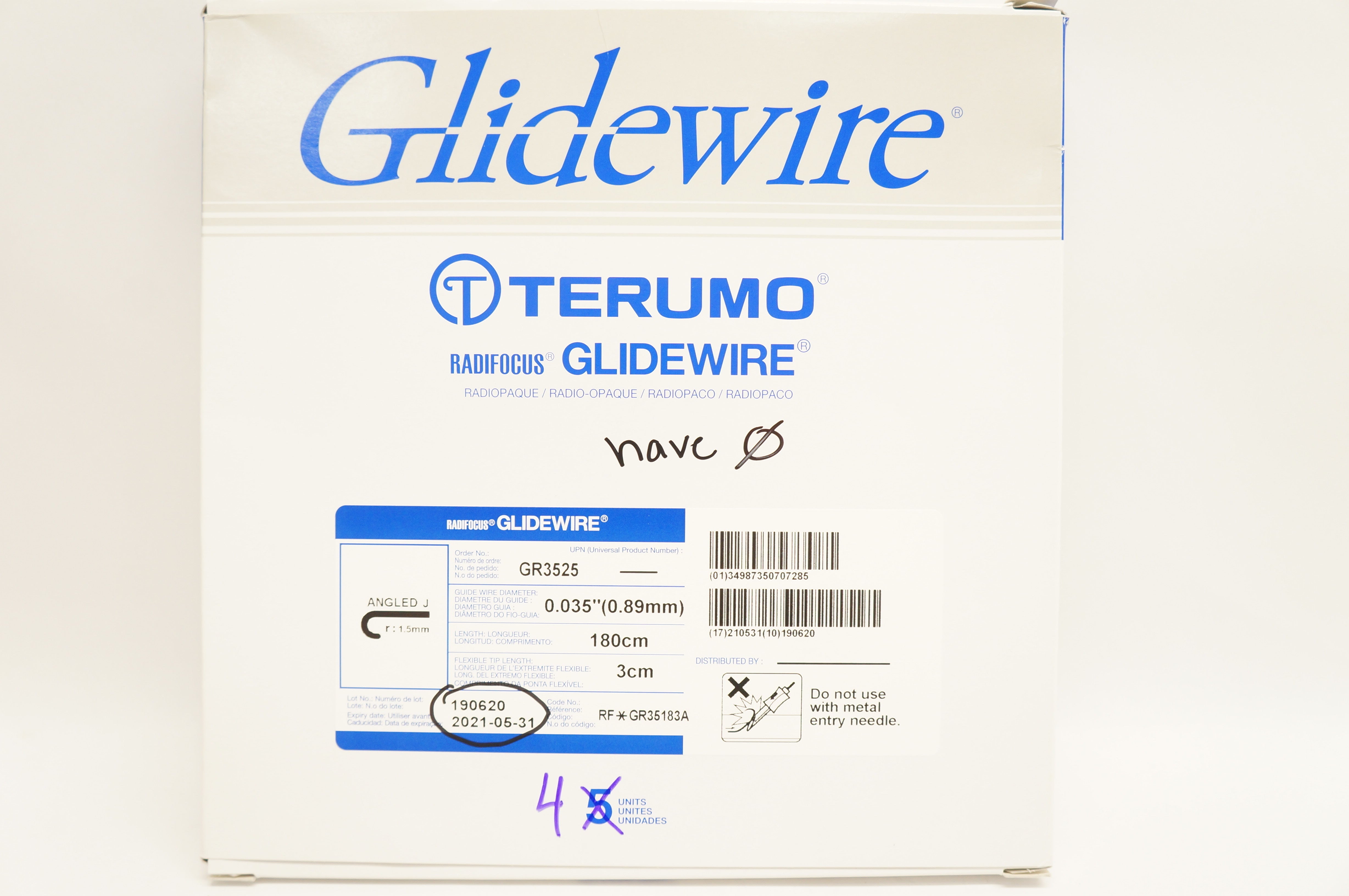 Terumo GR3525 Radifocus Glidewire, Angled J R 0.035inchx 3cm x 180cm-Box of 4(x)