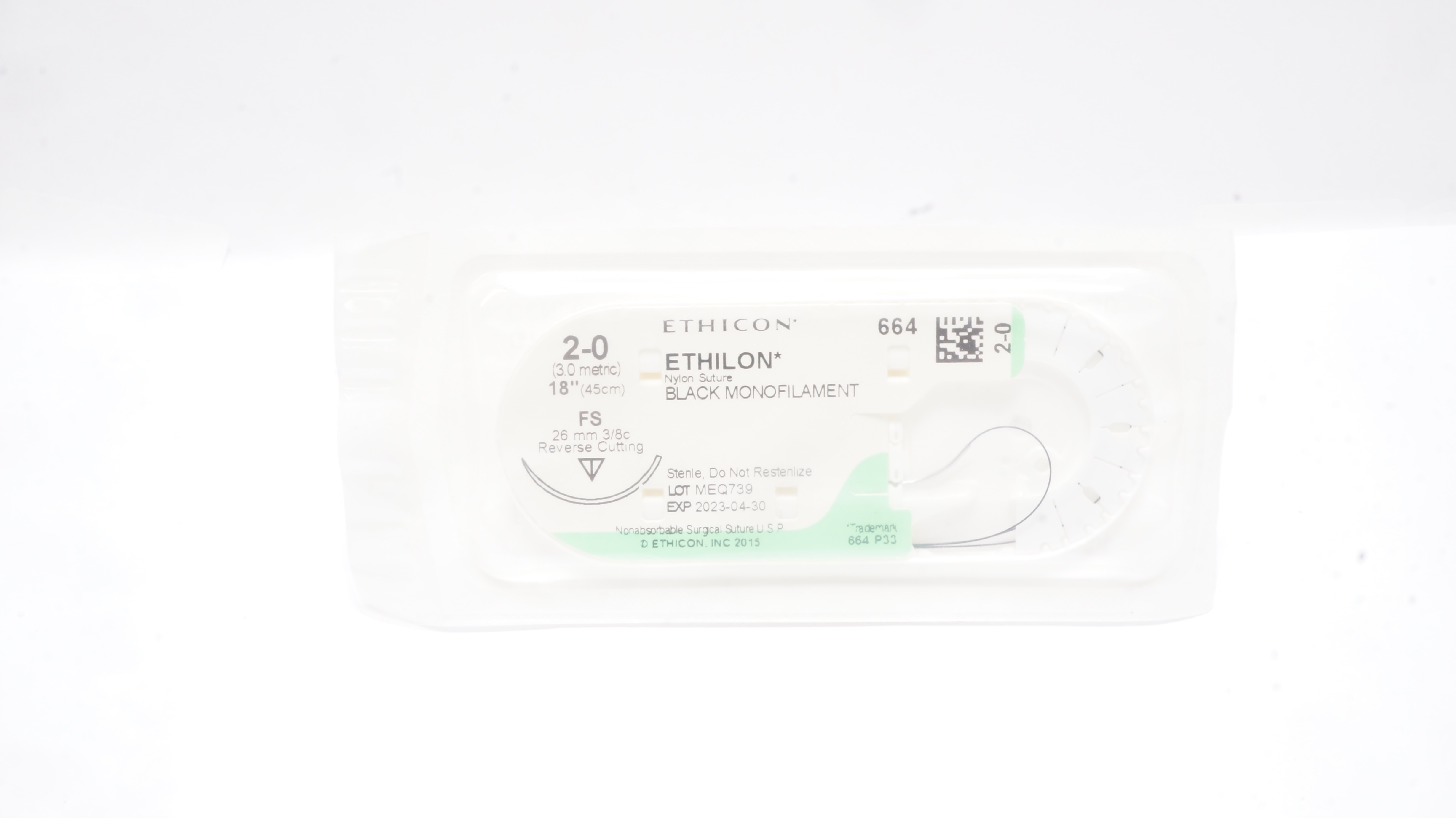 Ethicon 664 2-0 Ethilon Nylon Stre FS 26mm 3/8c Reverse Cutting 18 inch (x)