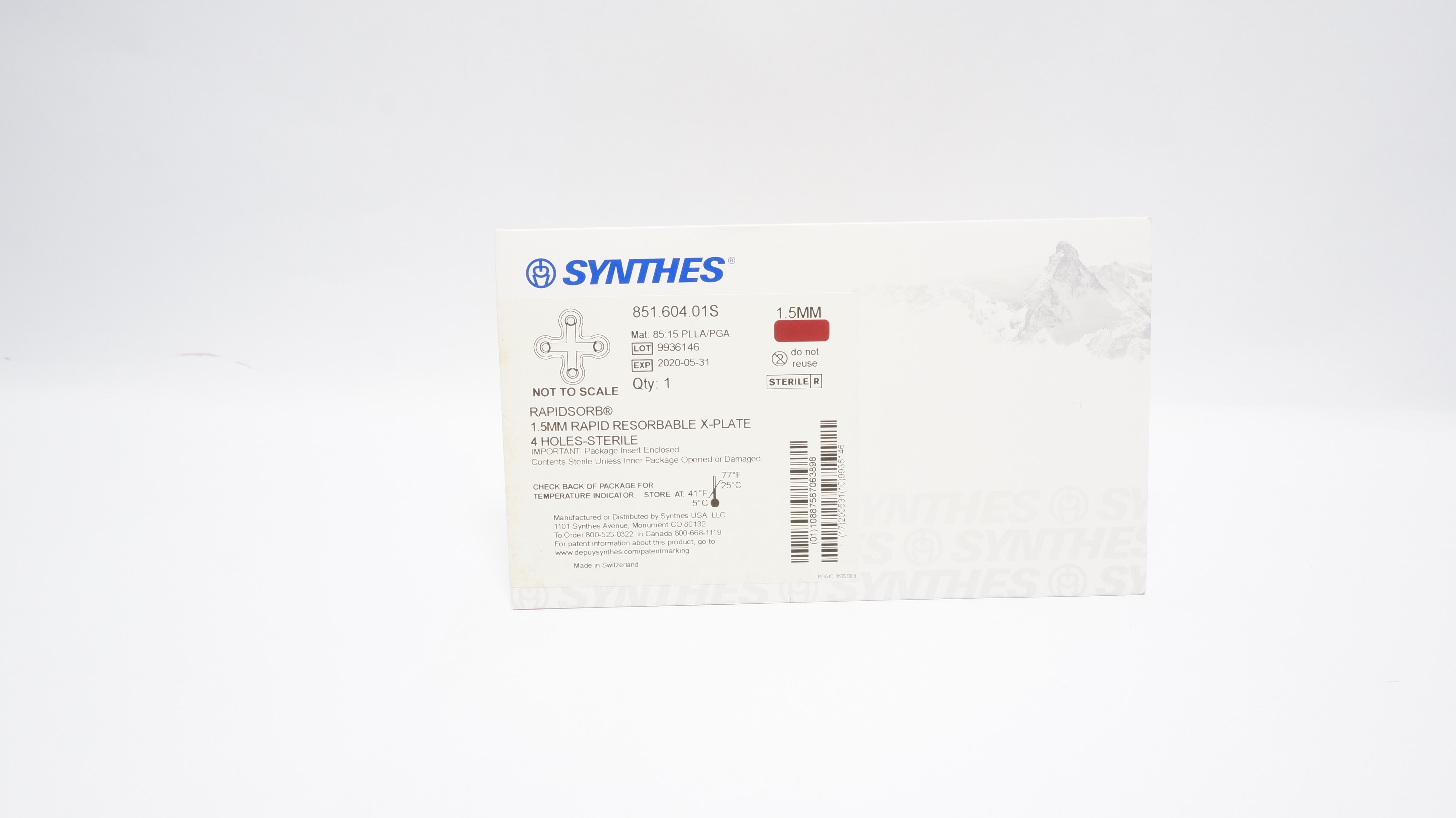 Synthes 851.604.01S RAPIDSORB 1.5mm RAPID RESAORBABLE X-PLATE 4 HOLES-STERILE(x)