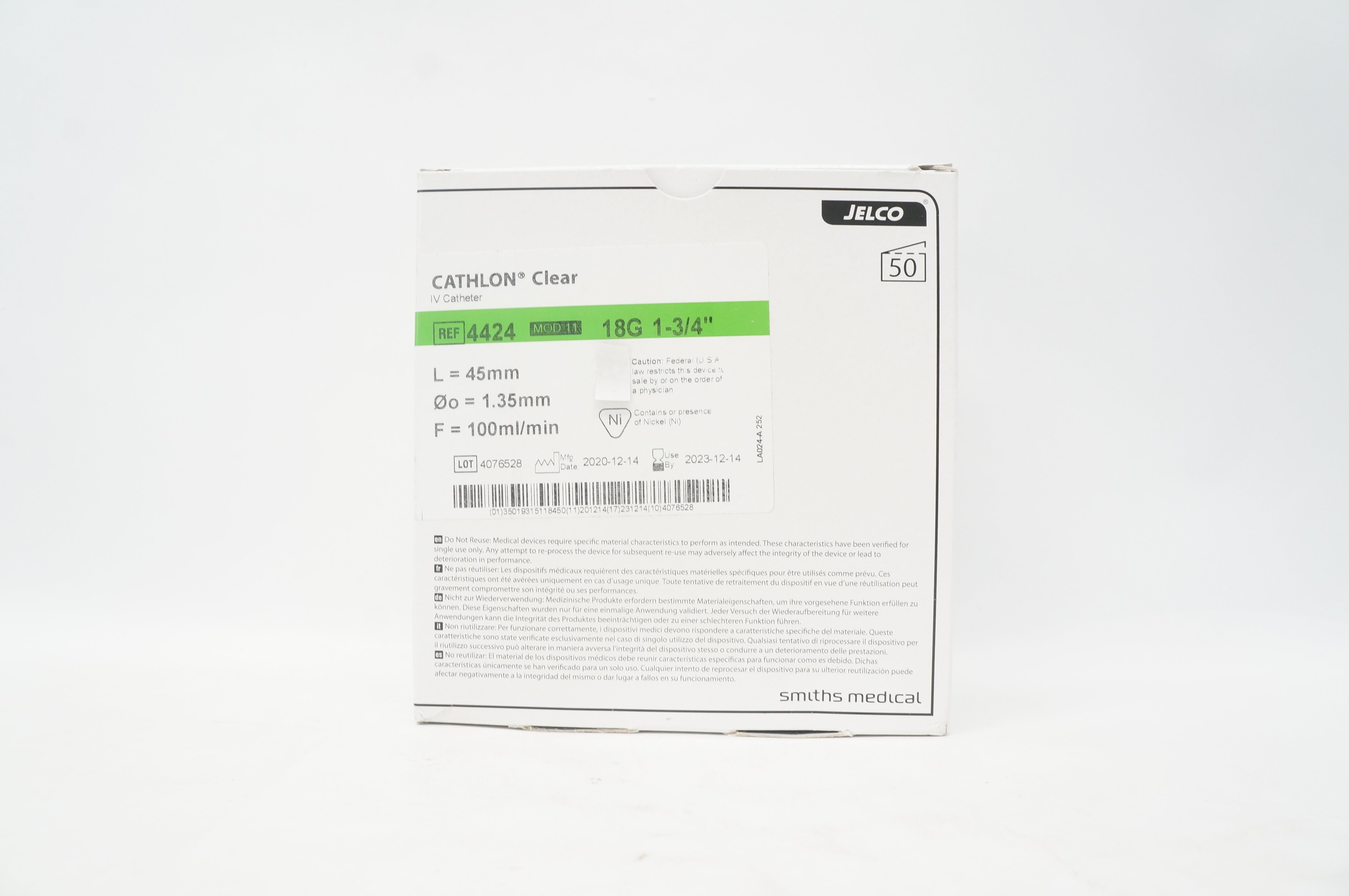 Smiths Medical 4424 Cathlon Clear I.V. Cath.18G x 1-3/4inch100ml/min - Box of 50