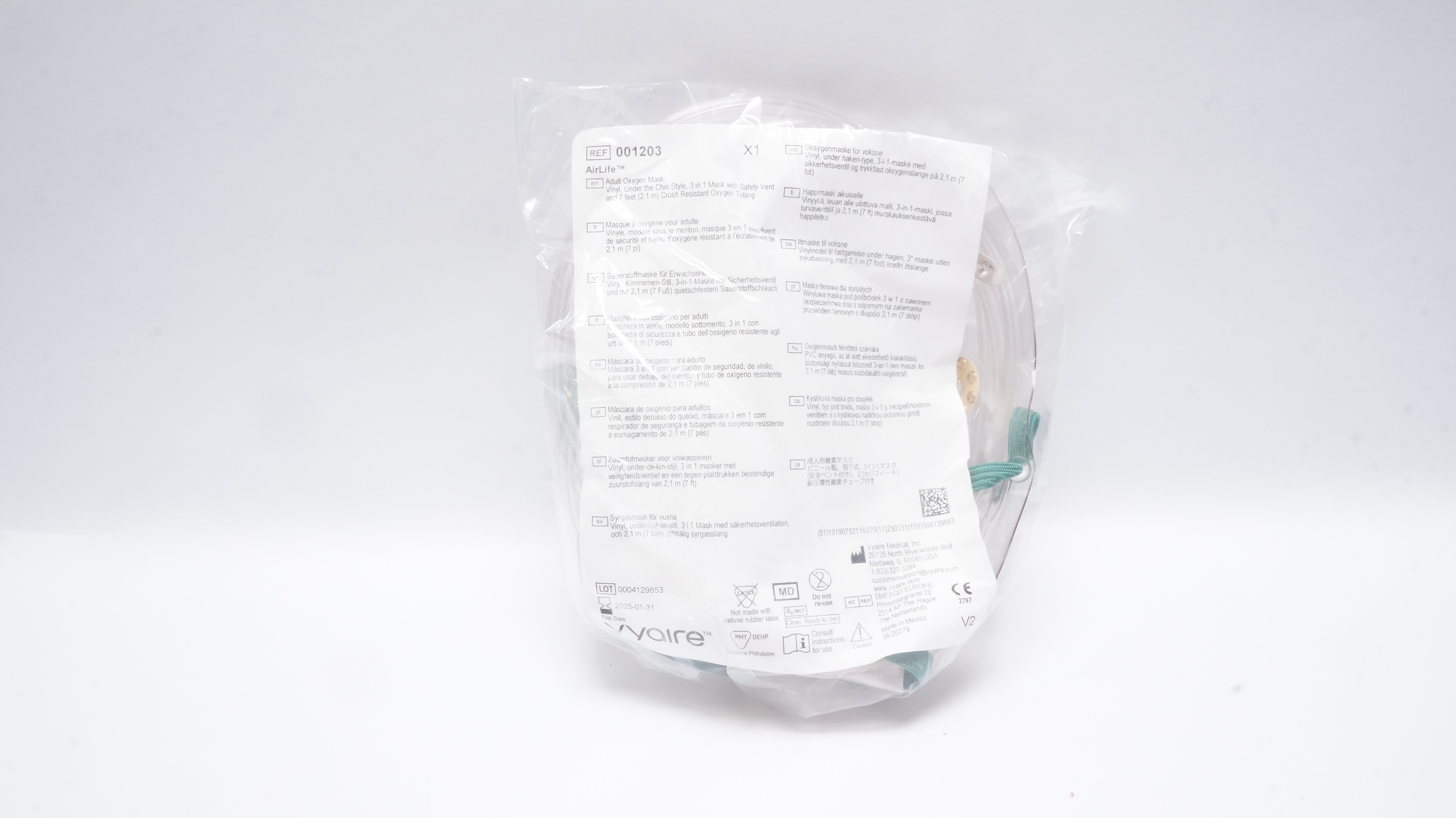 Vyaire 001203 AirLife Adult Oxygen Mask Vinyl w/Resistant Oxygen Tubing 7ft. (x)
