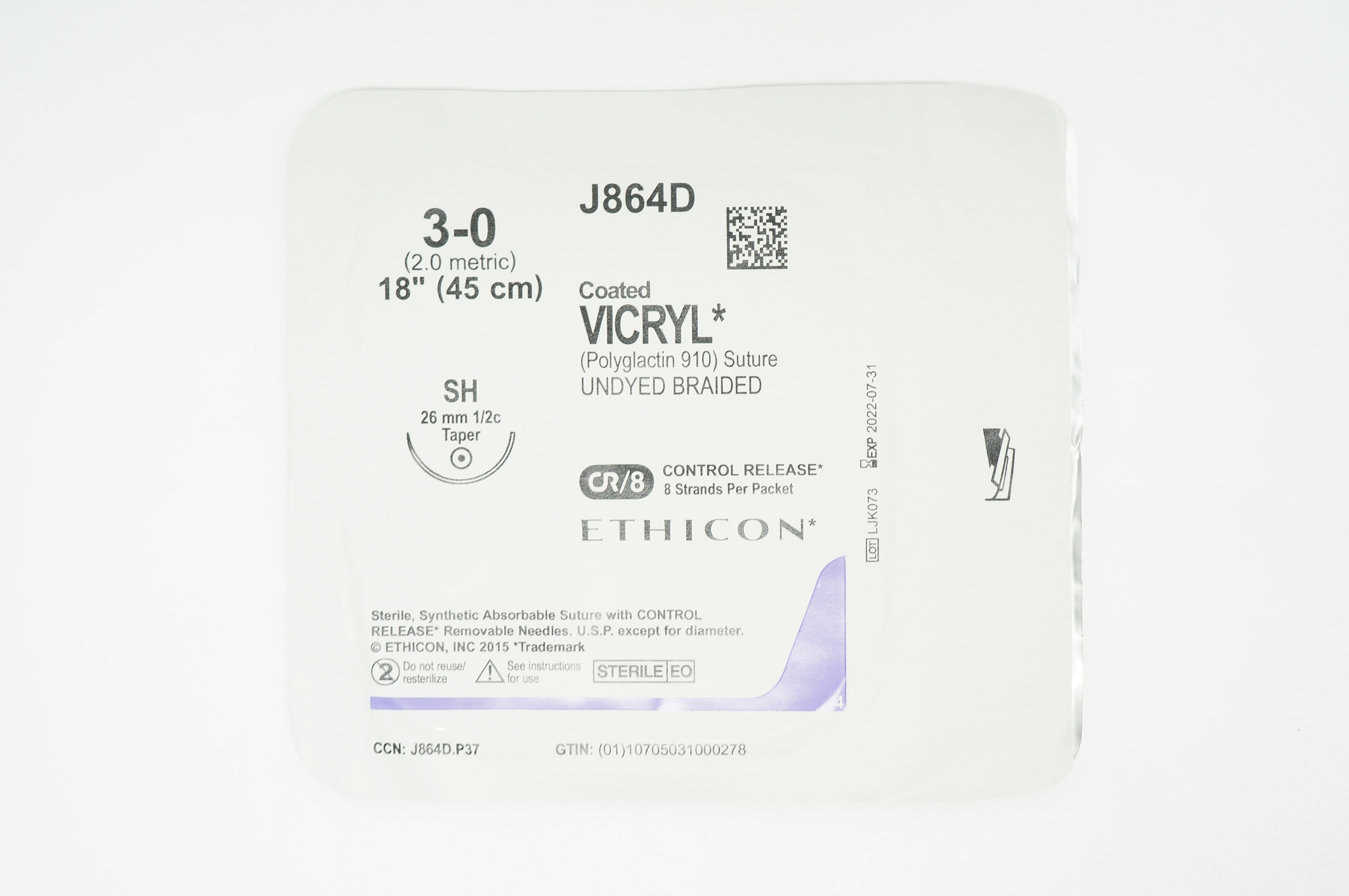 Ethicon J864D 3-0 VICRYL SH, 26mm 1/2c Taper, 18inch