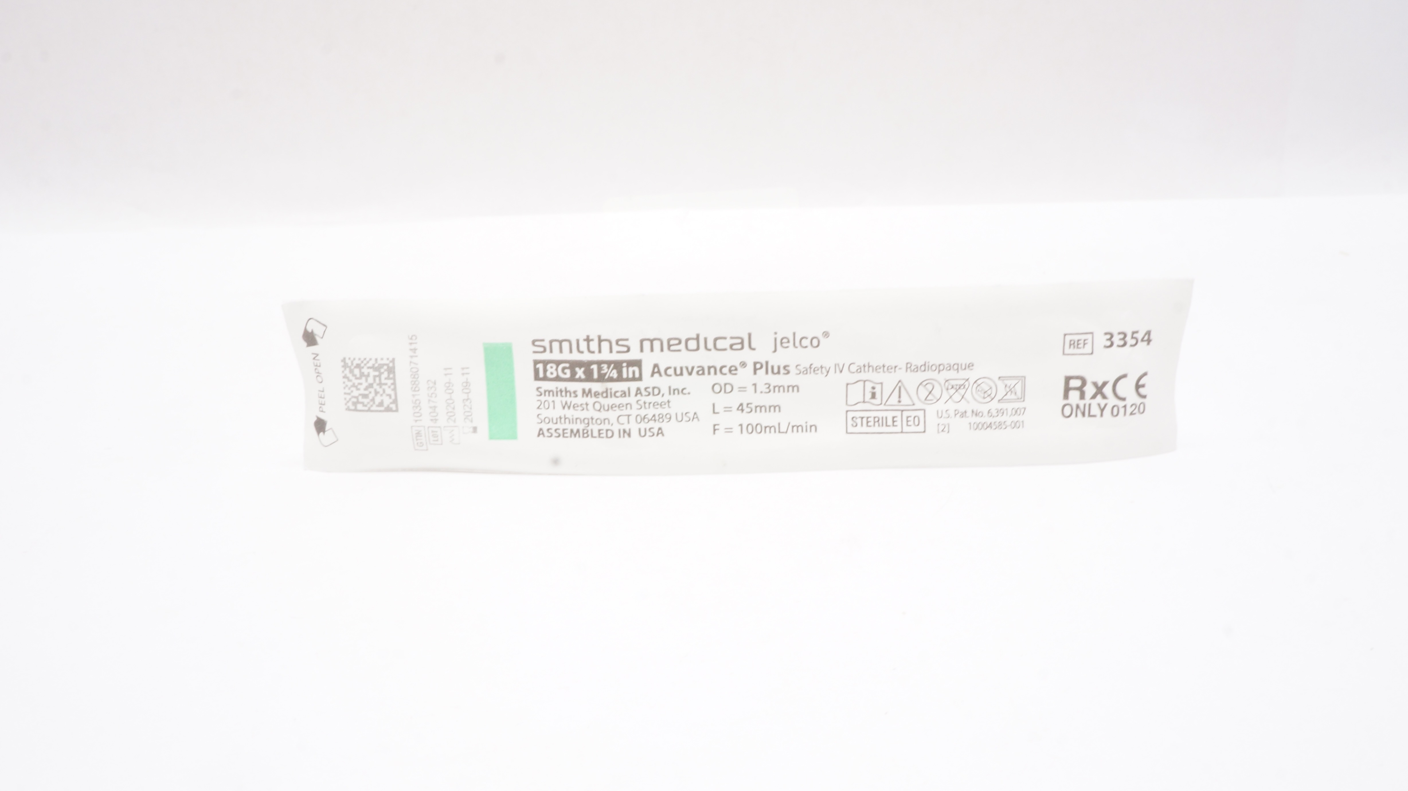 Smiths Medical 3354 Jelco Acuvance Plus Safety IV Cath. 18G x 1 3/4inch