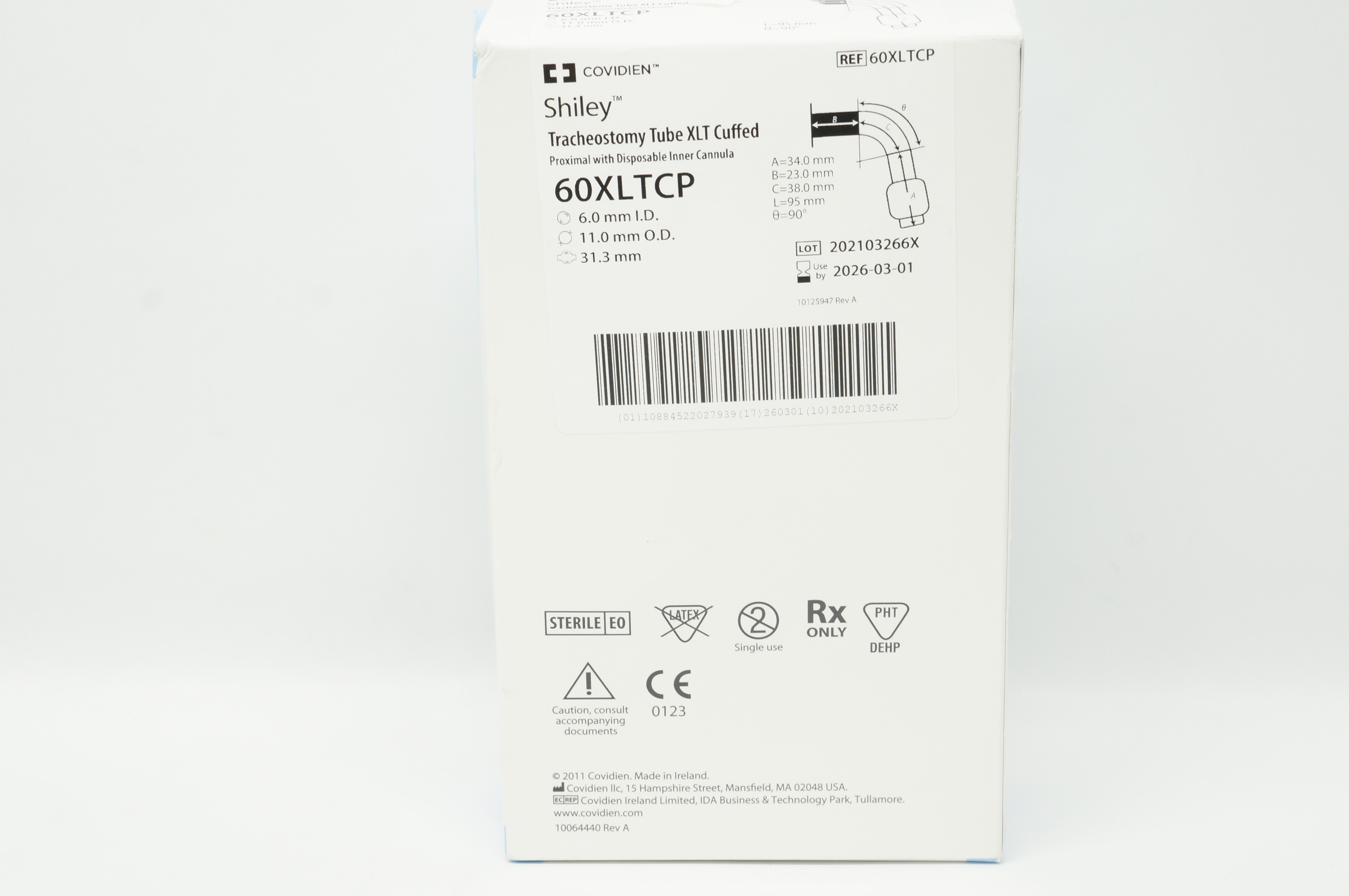 Covidien 60XLTCP Shiley Tracheostomy Tube XLT Cuffed 6.0 ID x 11.0