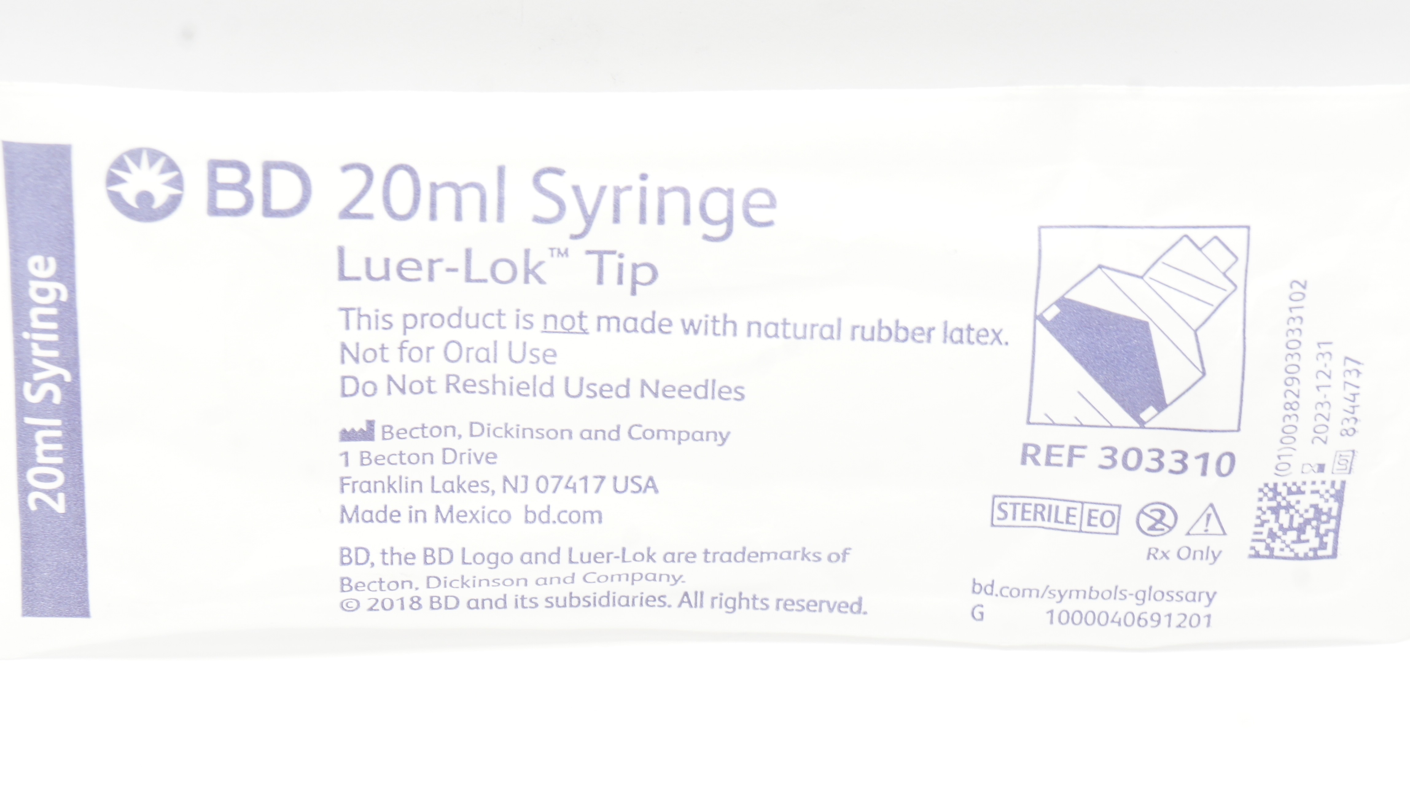 BD 303310 Luer-Lok Tip Syringe 20ml (x)
