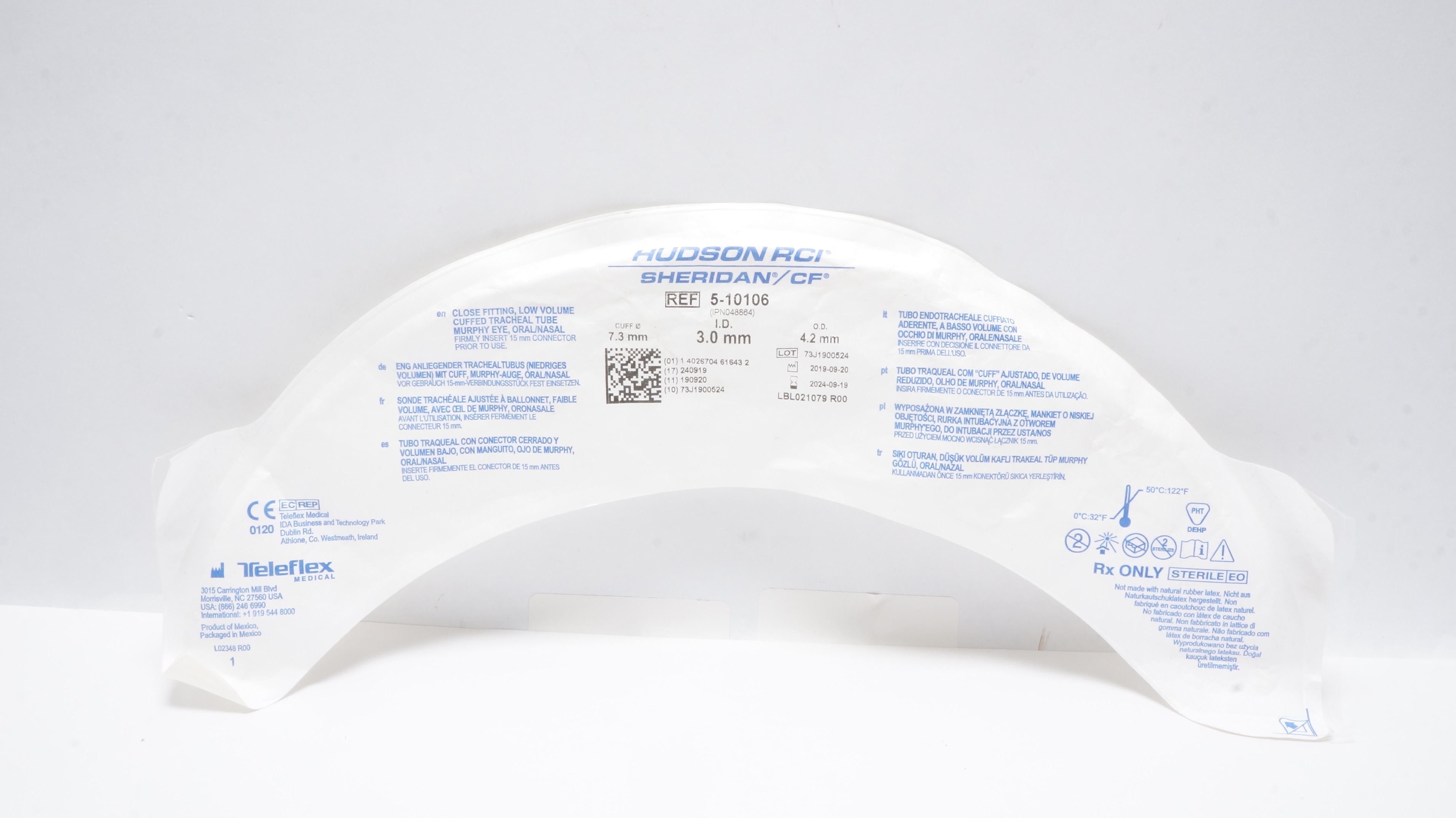 Teleflex 5-10106 Hudson RCI Cuffed Tracheal Tube 7.3mm x 3.0mm ID x 4.2mm OD