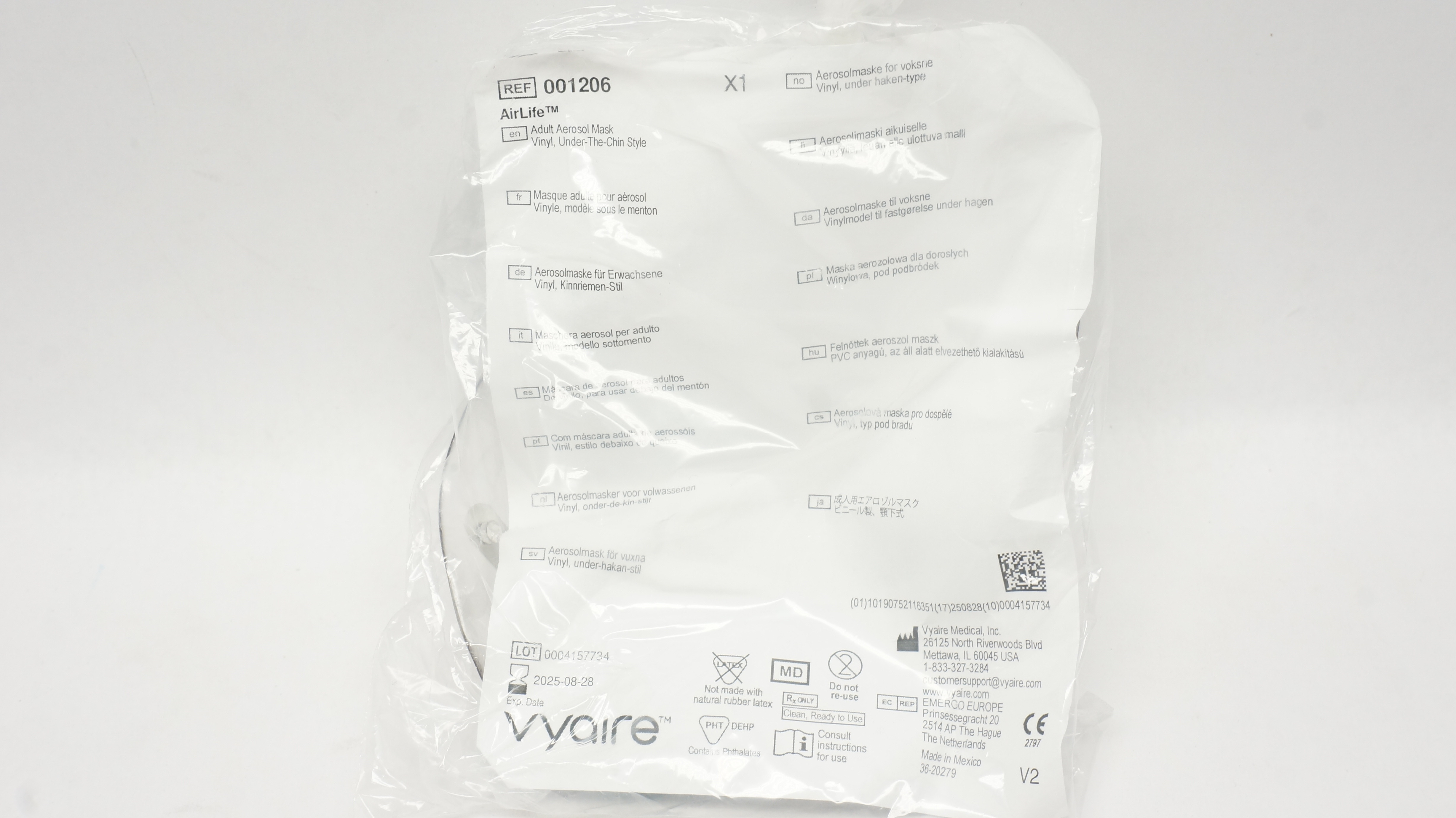 Vyaire 001206 AirLife Adult Aerosol Mask Vinyl Under-The-Chin Style