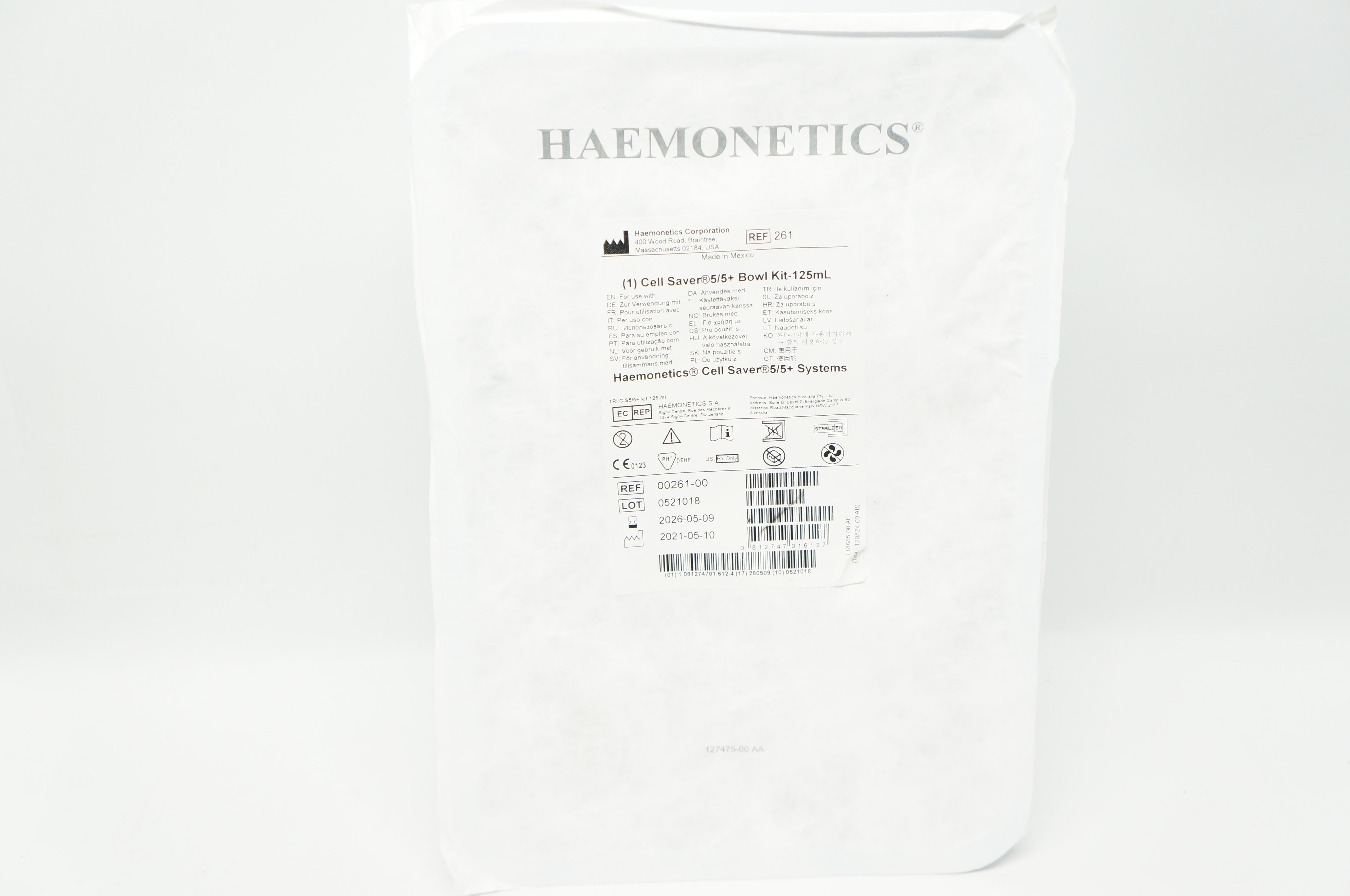 Haemonetics 00261-00 Cell Saver 5/5 + Bowl Kit- 125 ml