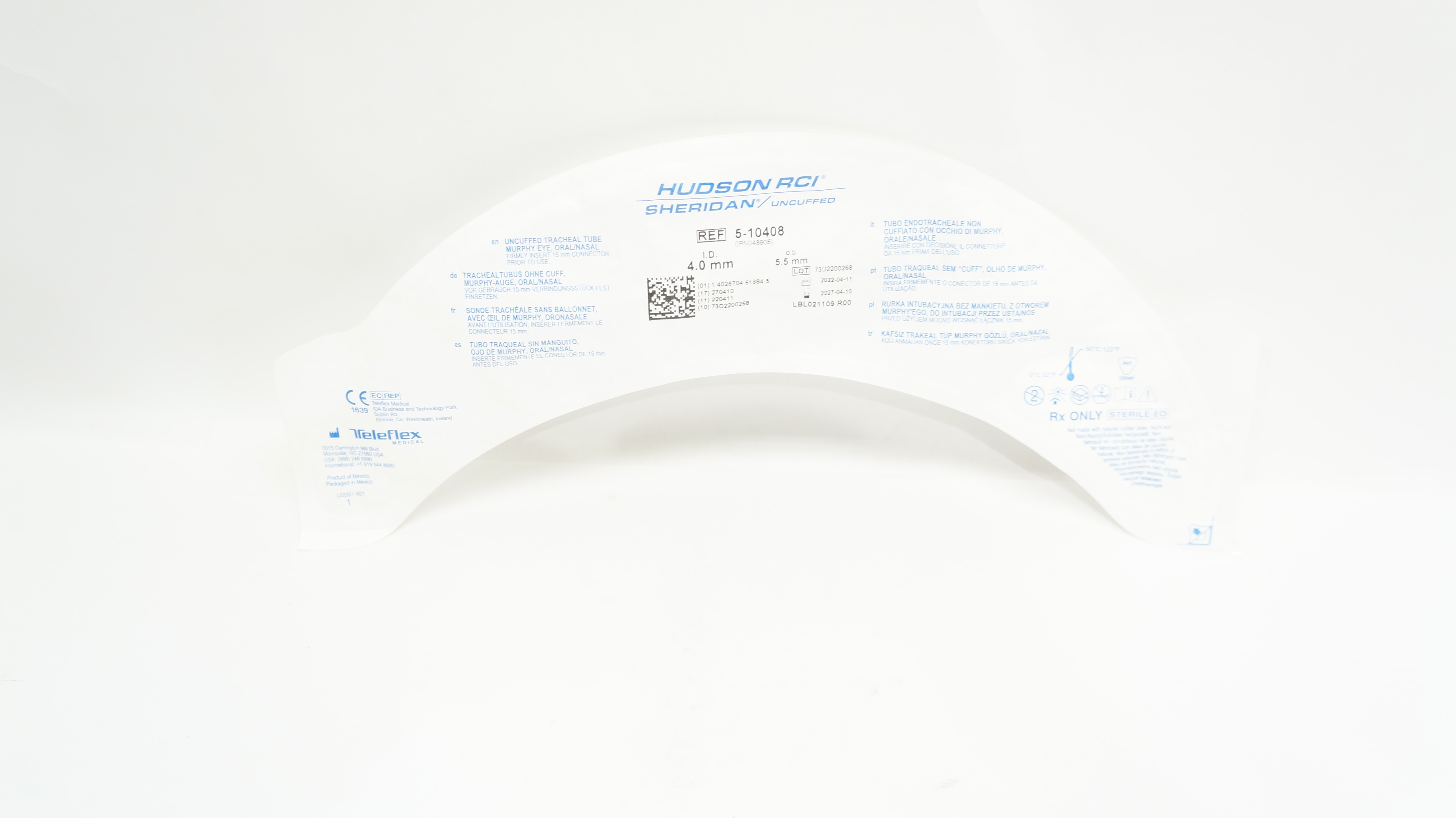 Teleflex 5-10408 Hudson RCI Sheridan Uncuffed Tracheal Tube 4.0 ID x 5.5mm OD