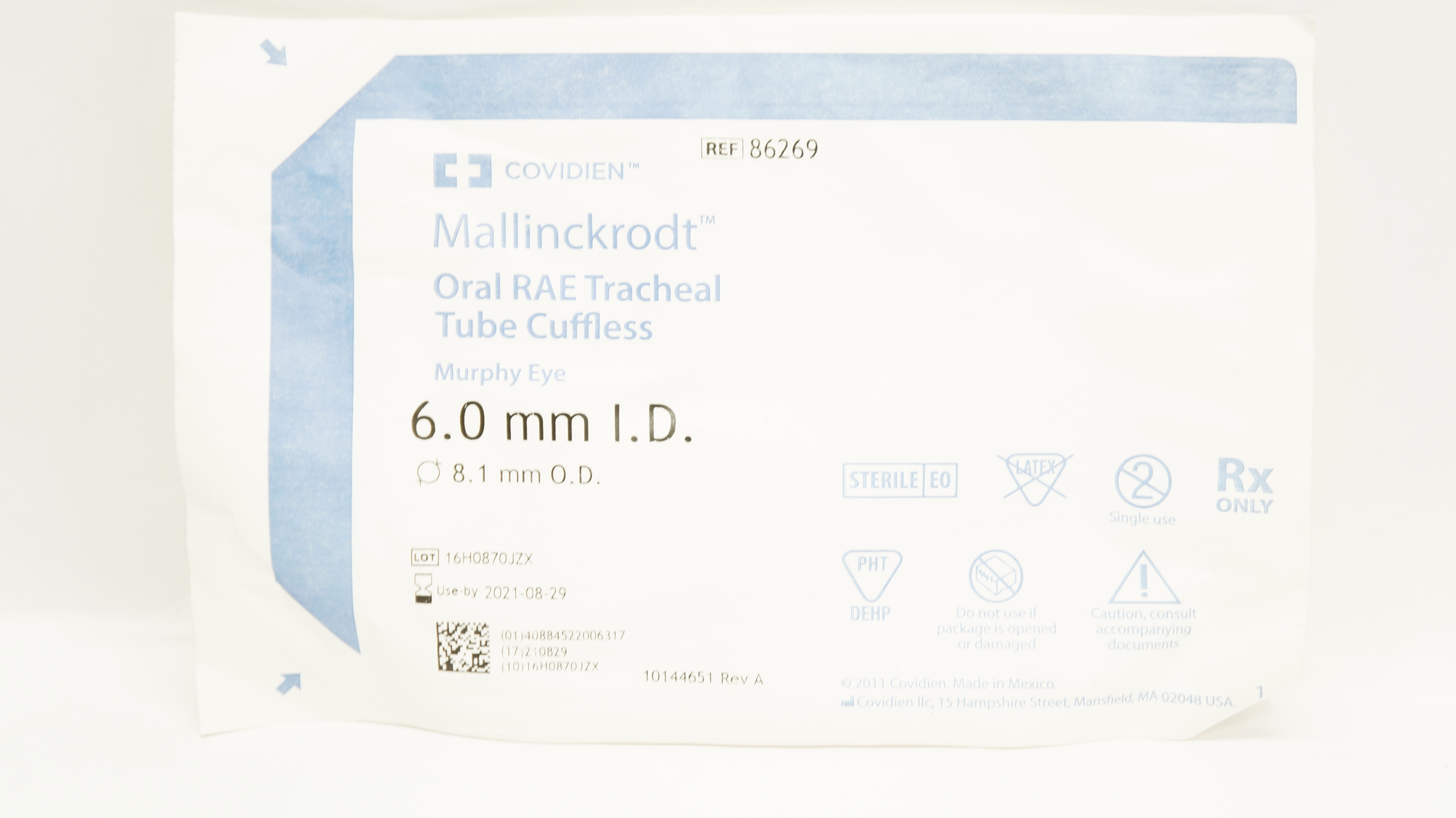 Covidien 86269 Mallinckrodt Oral RAE Tracheal Tube Cuffless 6.0 ID x 8
