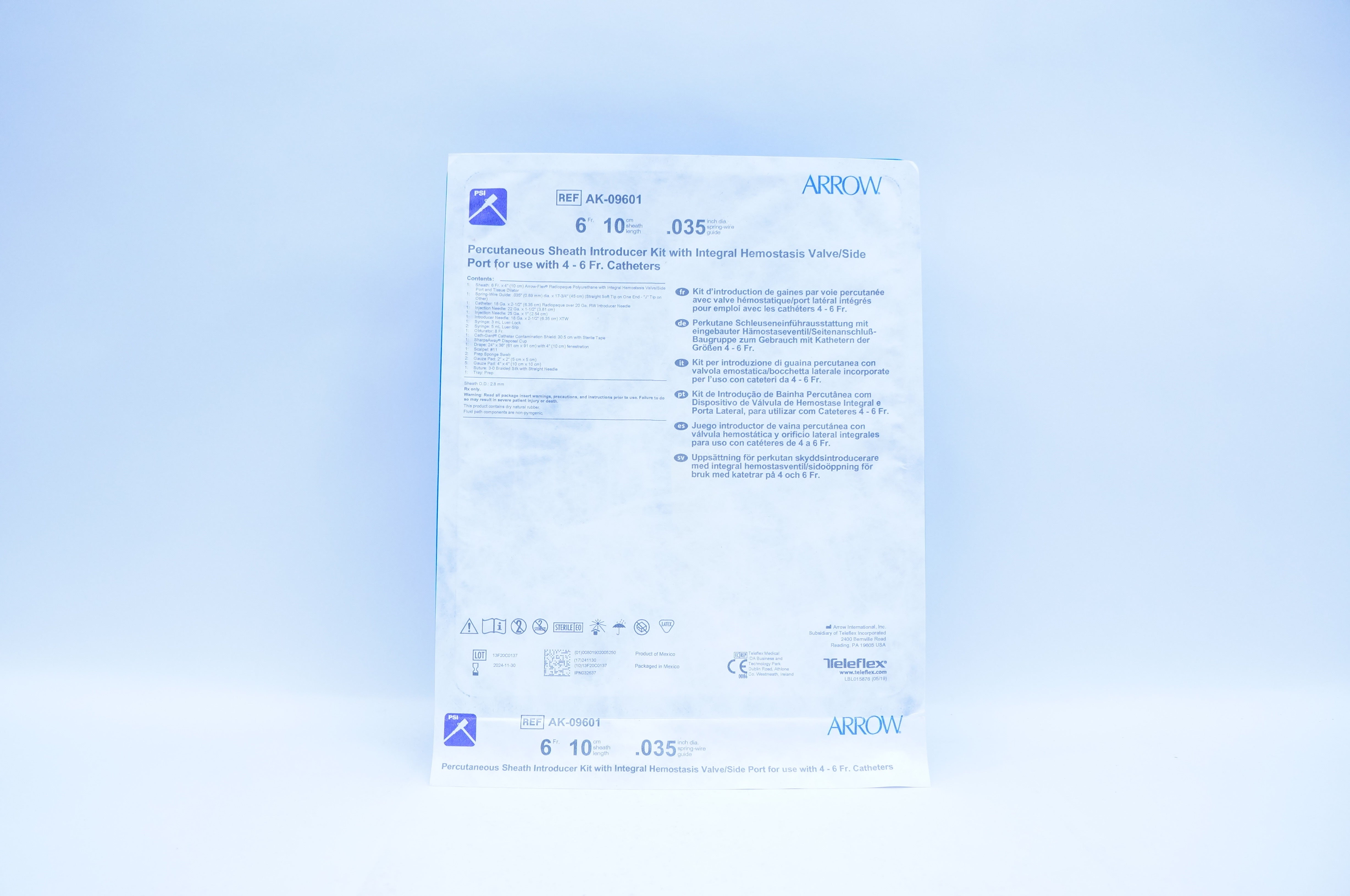 Teleflex AK-09601 Arrow PSI Percutaneous Sheath Introducer Kit 6Fr x 10cm