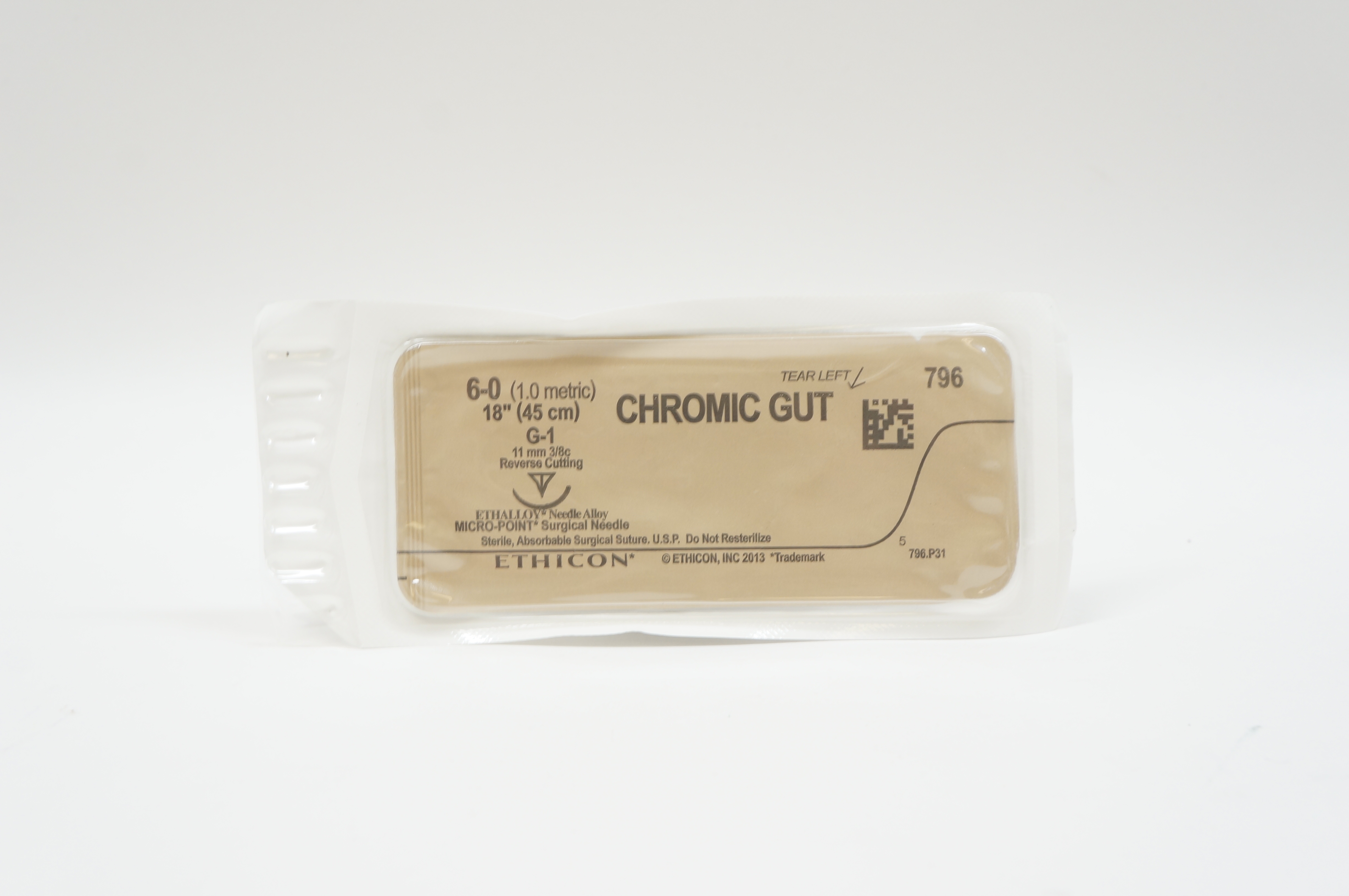 Ethicon 796 6-0 CHROMIC GUT, G-1, 11mm 3/8c Reverse Cutting, 18inch