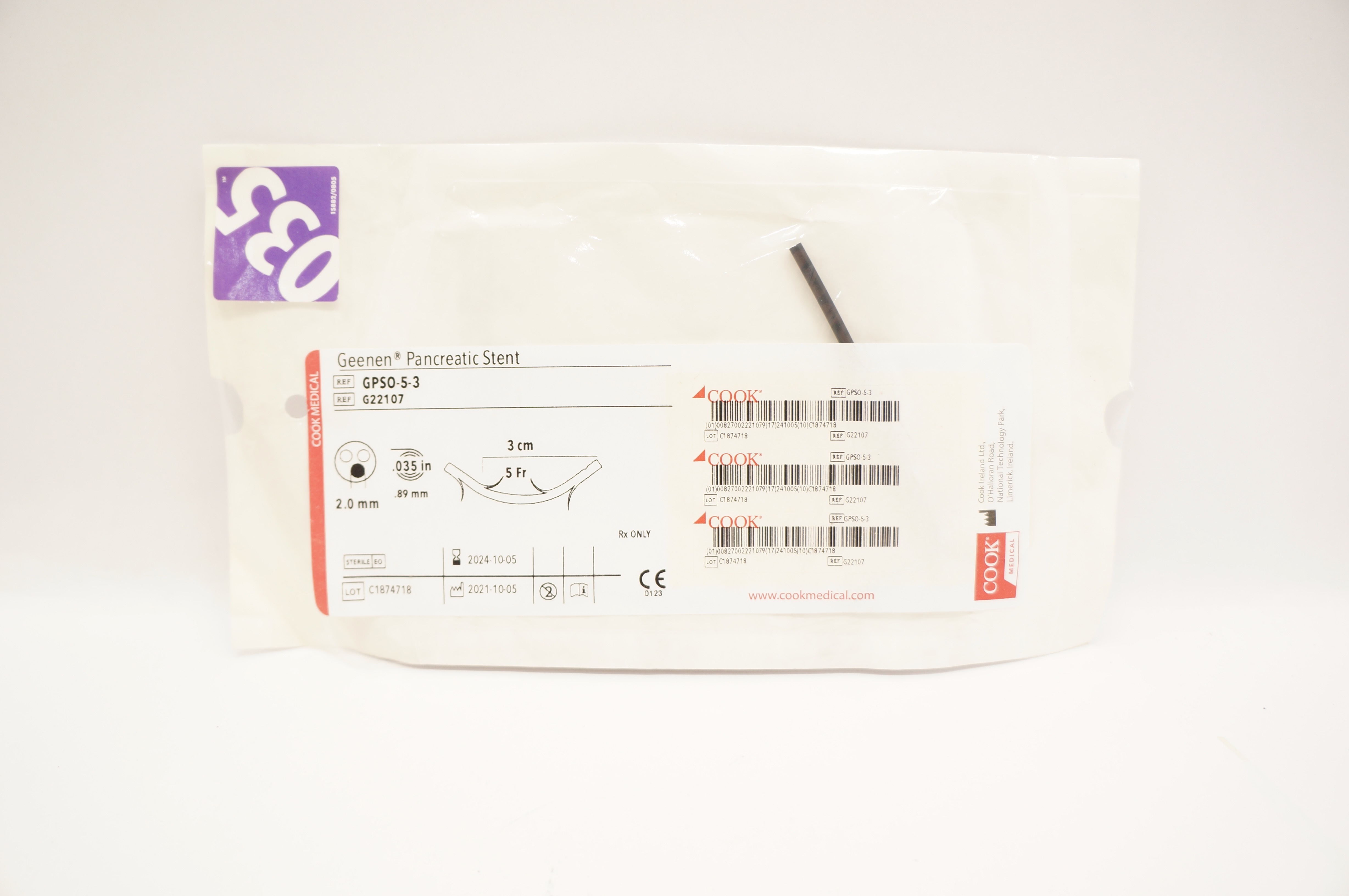 Cook Medical G22107 Geenen Pancreatic Stnt 5 Fr x 2mm x .035 inch