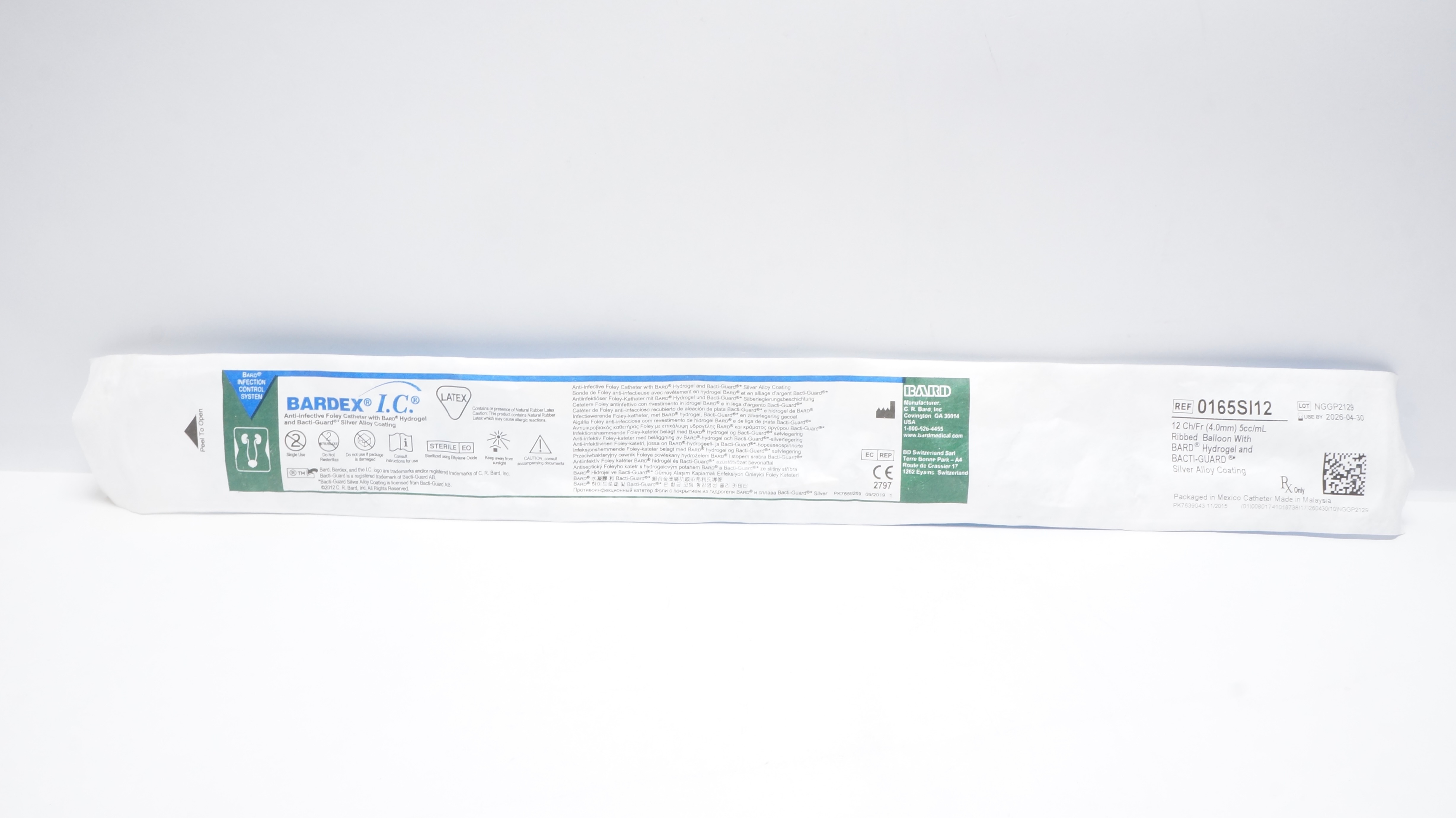 Bard 0165SI12 Bardex I.C. Anti-Infective Foley Cath. 12Fr 5cc/mL Ribbed Balloon
