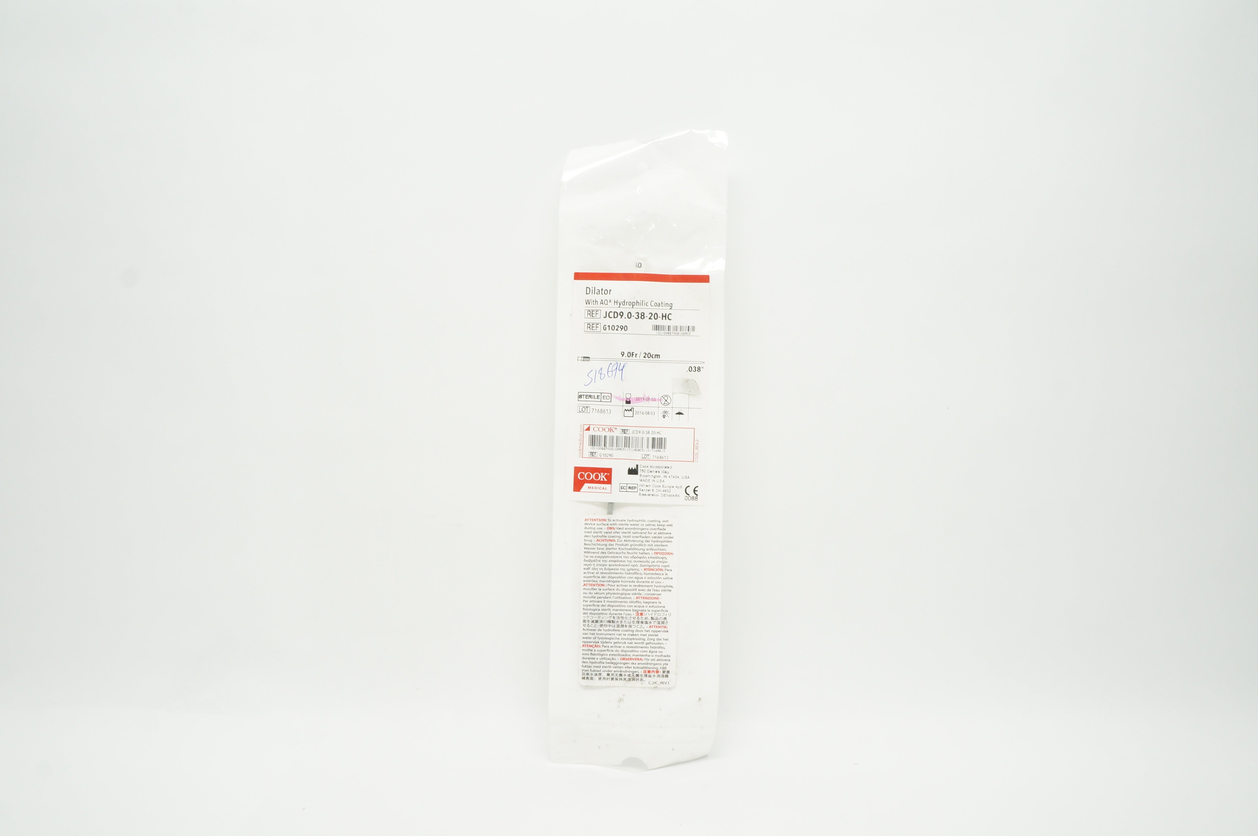 Cook Medical G10290 Dilator With AQ Hydrophilic Coating 9.0Fr/20cm x 0.038in (x)