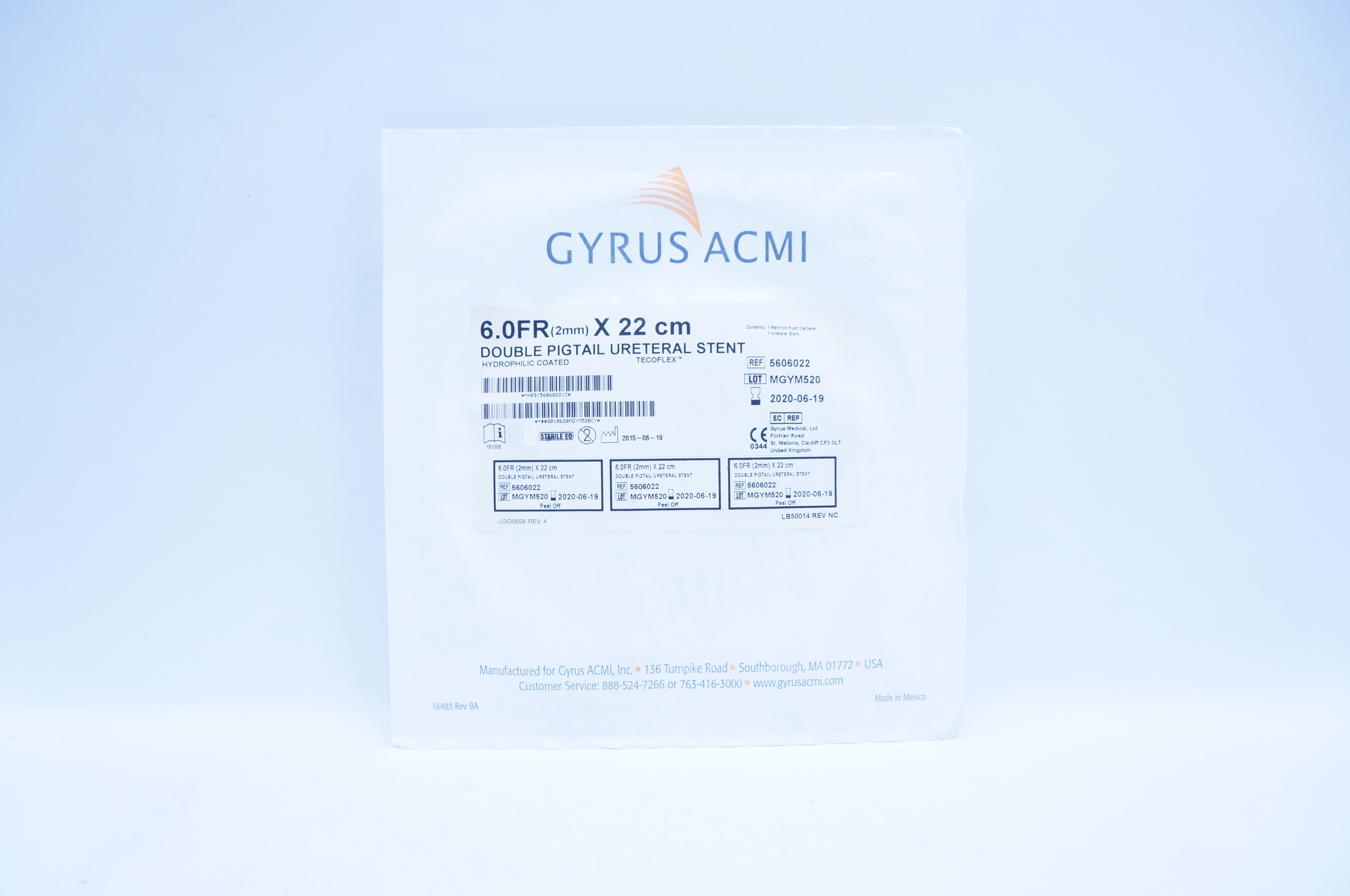 Gyrus Acmi 5606022 Tecoflex Double Pigtail Ureteral Stnt. 6.0FR x 22cm (x)