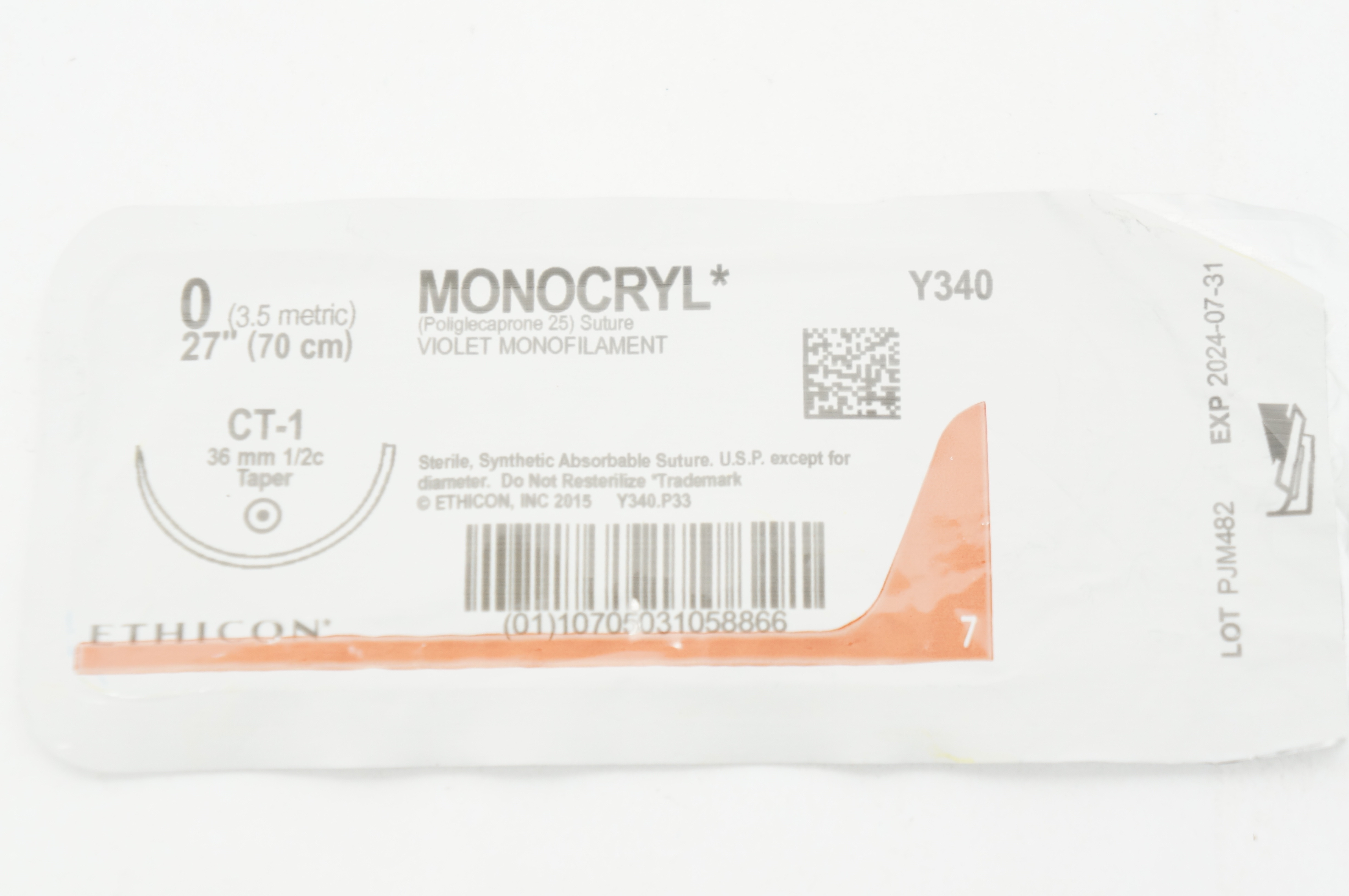 Ethicon Y340 0 MONOCRYL Violet Monofilament Stre CT-1 36mm 1/2c Taper, 27inch