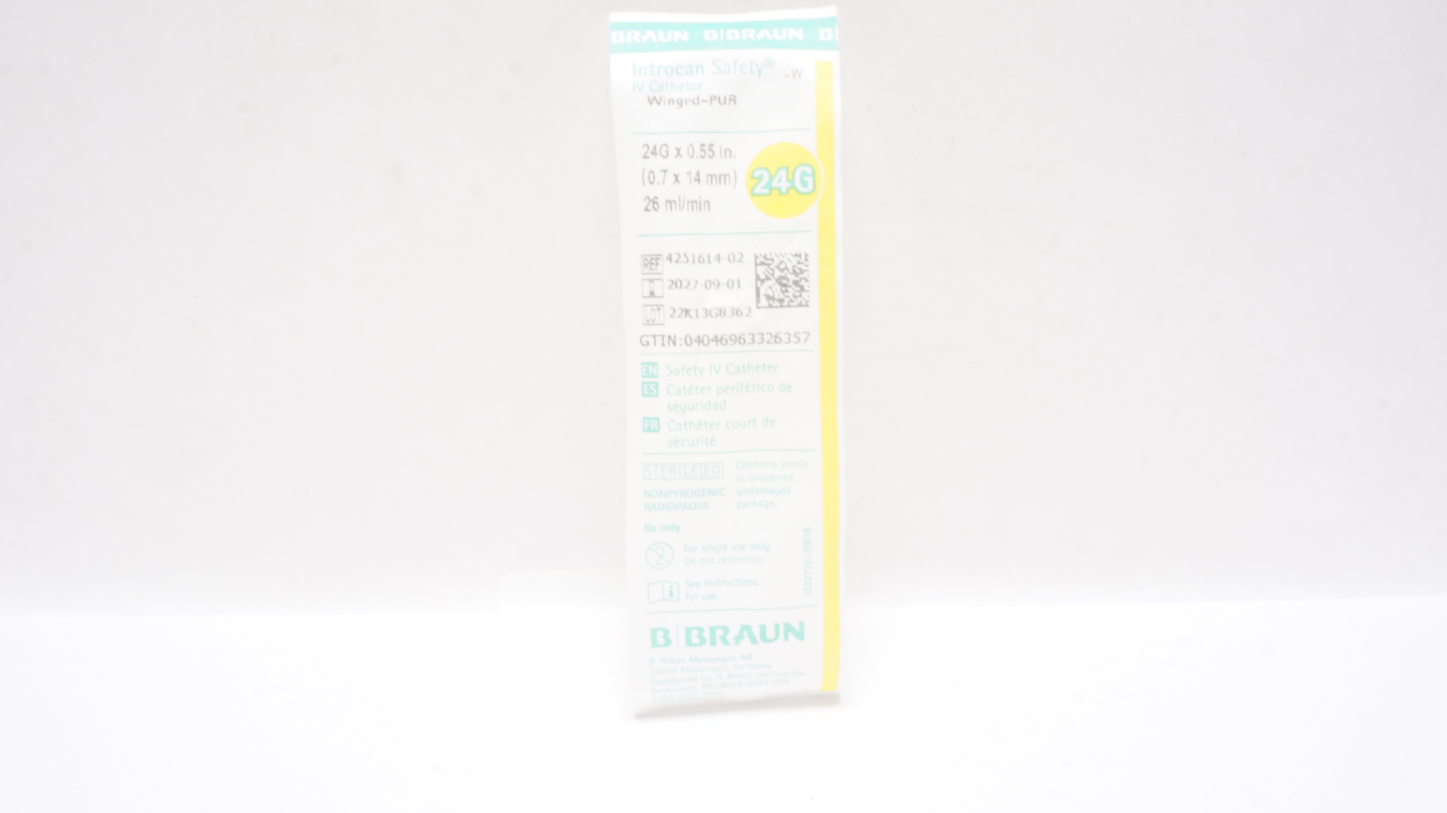 Braun 4251614-02 Introcan Safety IV Cath. Winged PUR 24G x 0.55inch, 26mL/min