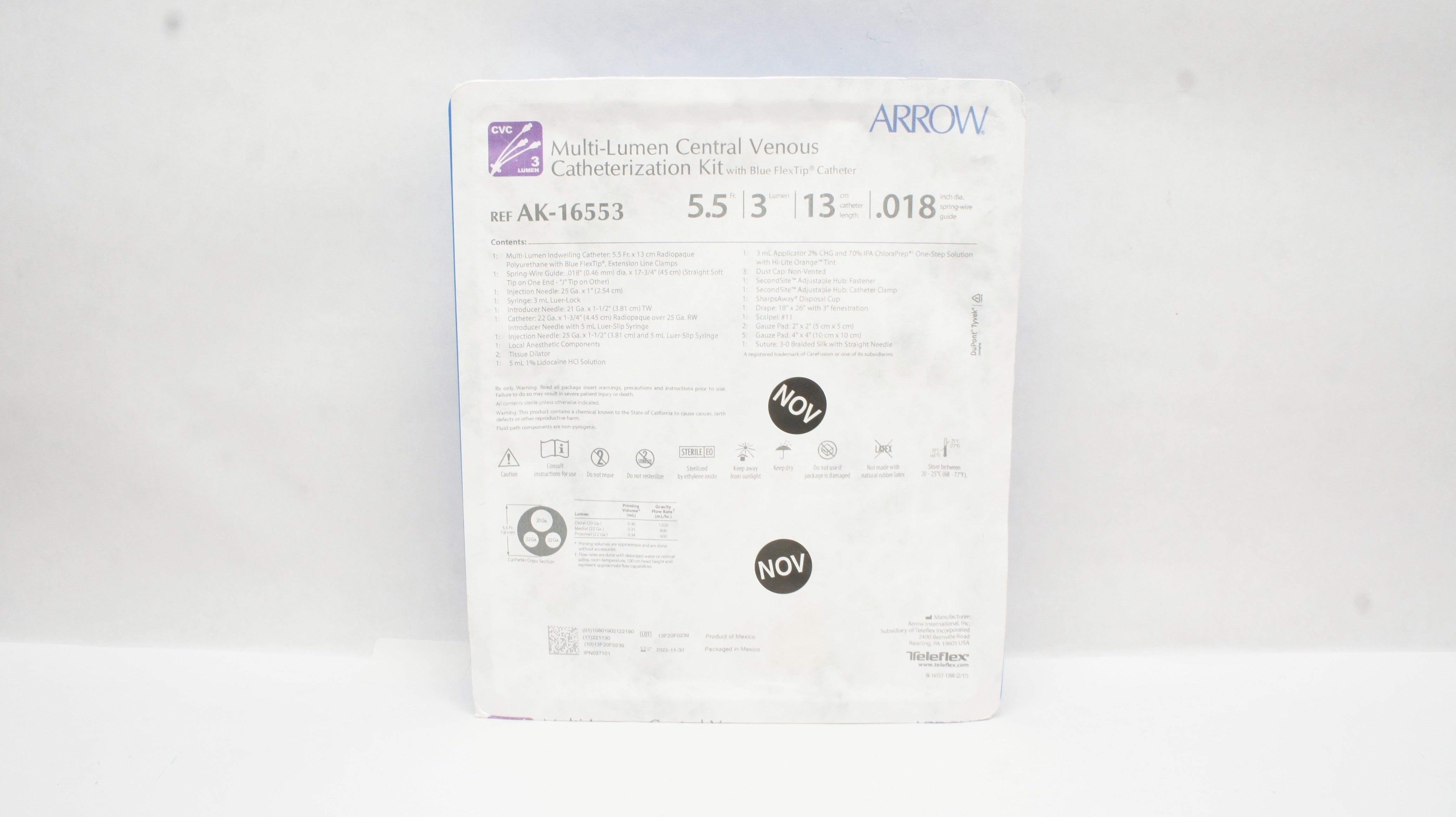 Arrow AK16553 MultiLumen Central Venous Cath. Kit 5.5Fr x 13cm x