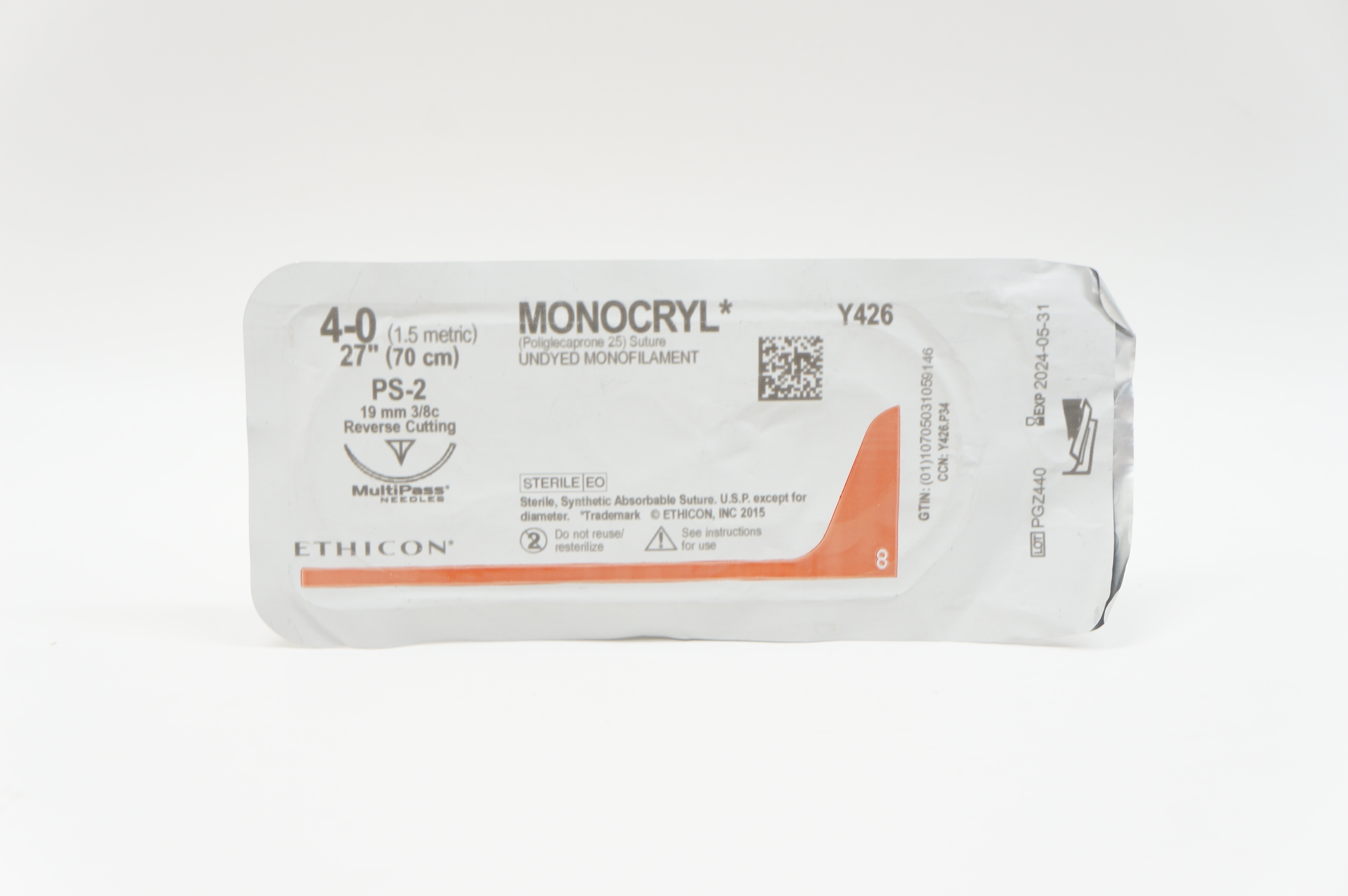 Ethicon Y426 4-0 MONOCRYL, PS-2, 19mm 3/8c Reverse Cutting, 27inch