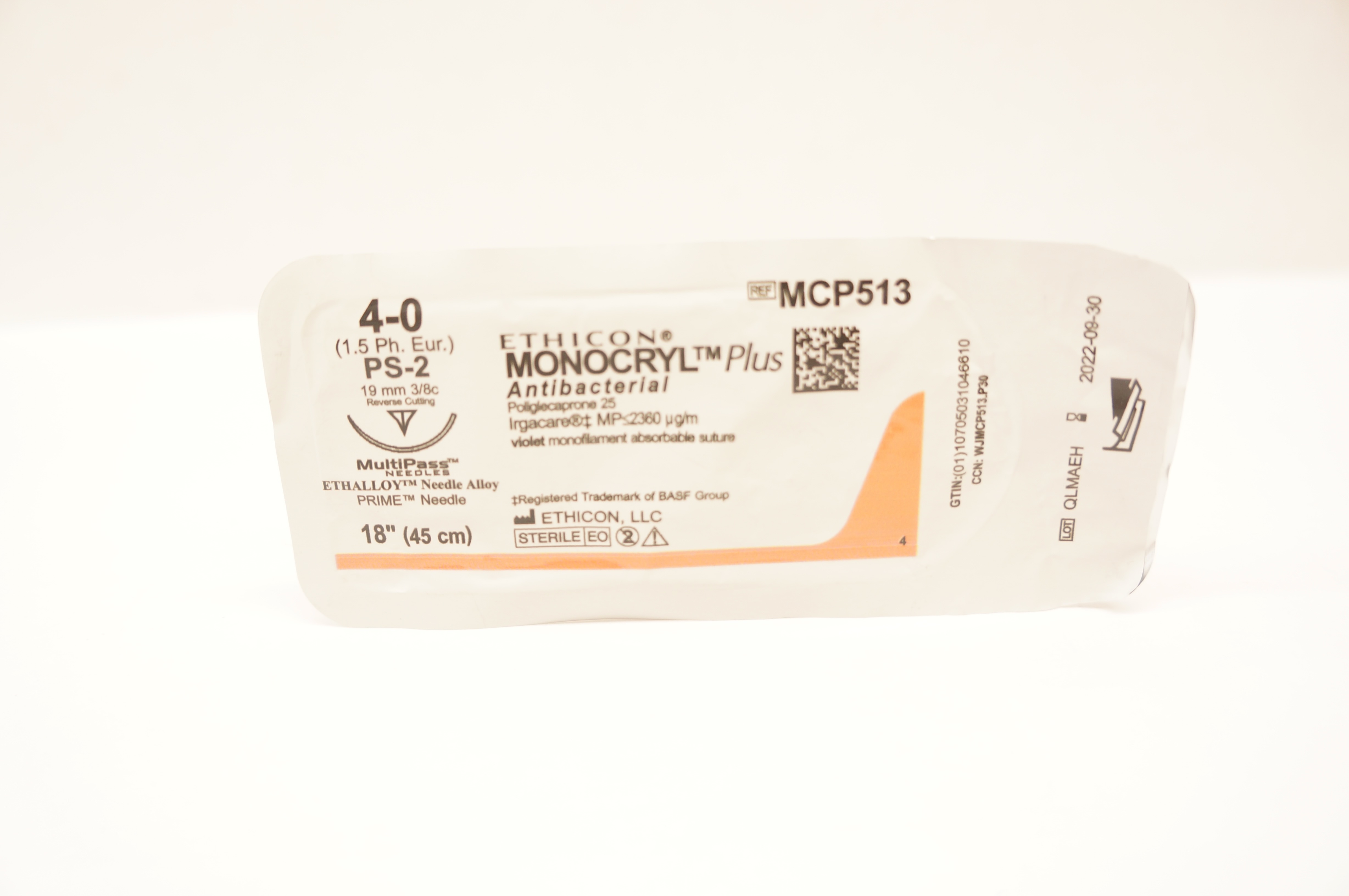 Ethicon MCP513 4-0 MONOCRYL Plus Stre PS-2 19mm 3/8c Reverse Cutting,18inch (x)