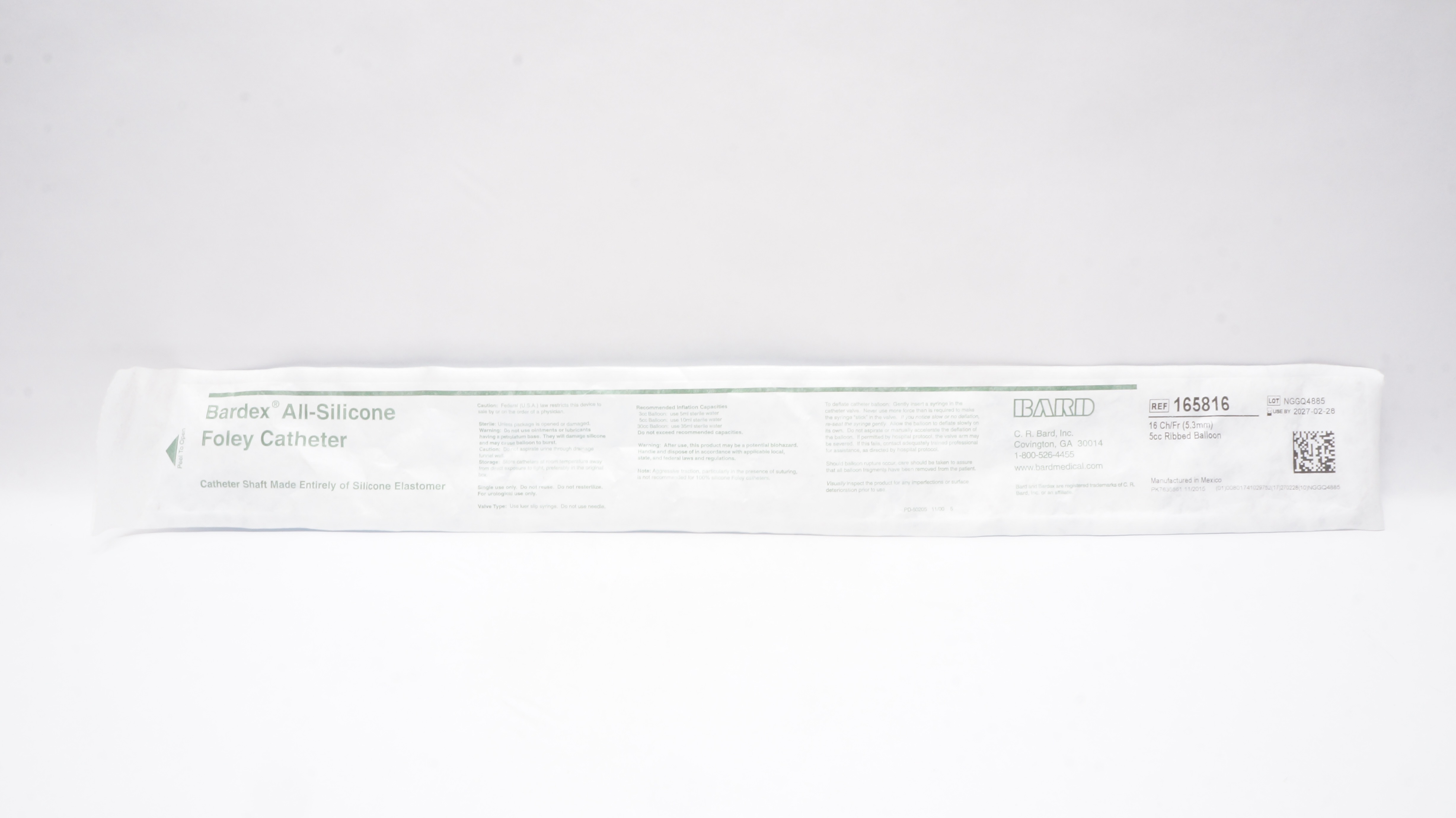 Bard 165816 Bardex All-Silicone Foley Cath. 16Fr. 5cc Ribbed Balloon