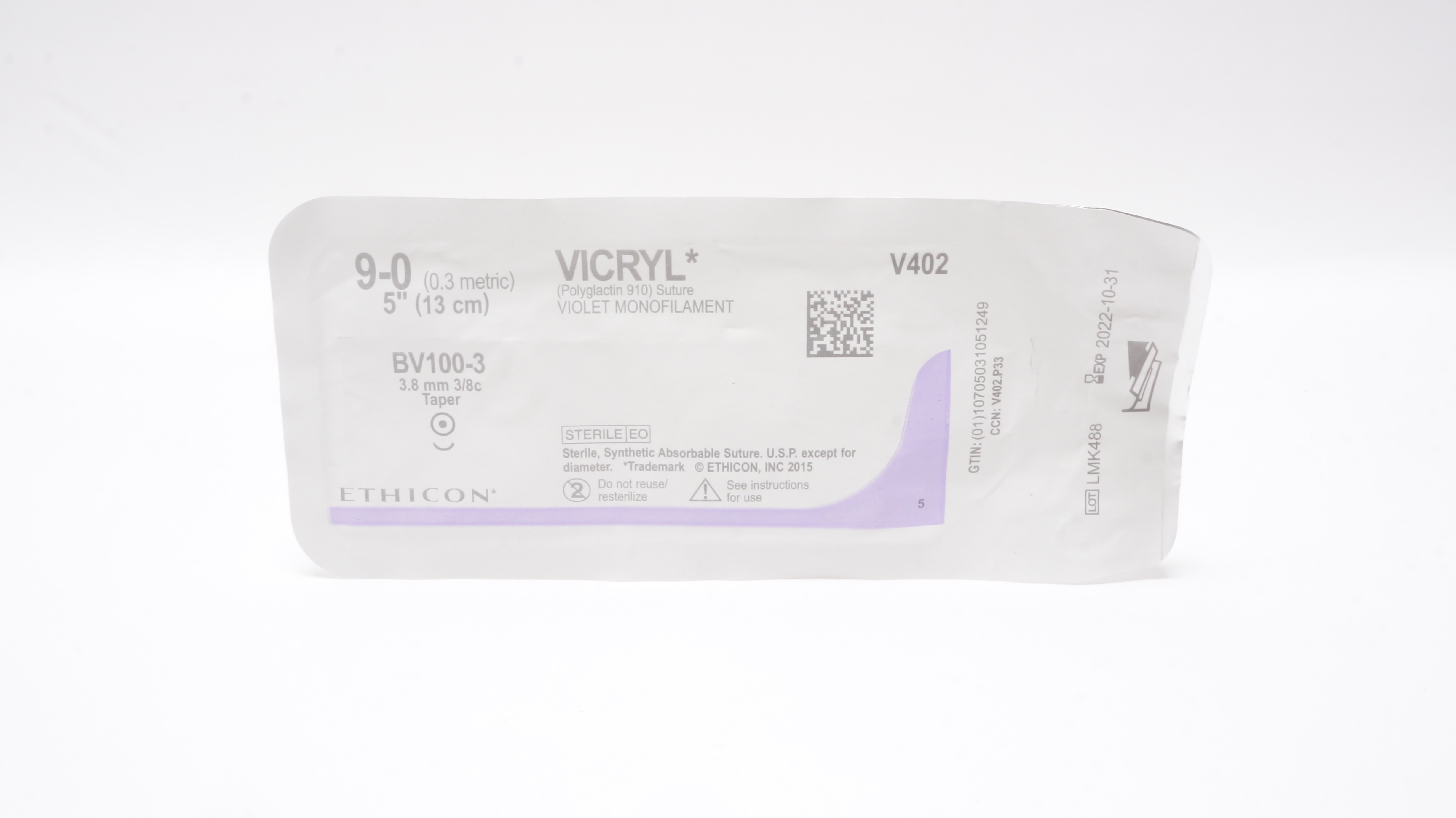 Ethicon V402 9-0 VICRYL Polyglactin 910 Stre BV100-3 3/8mm 3/8c Taper 5inch (x)