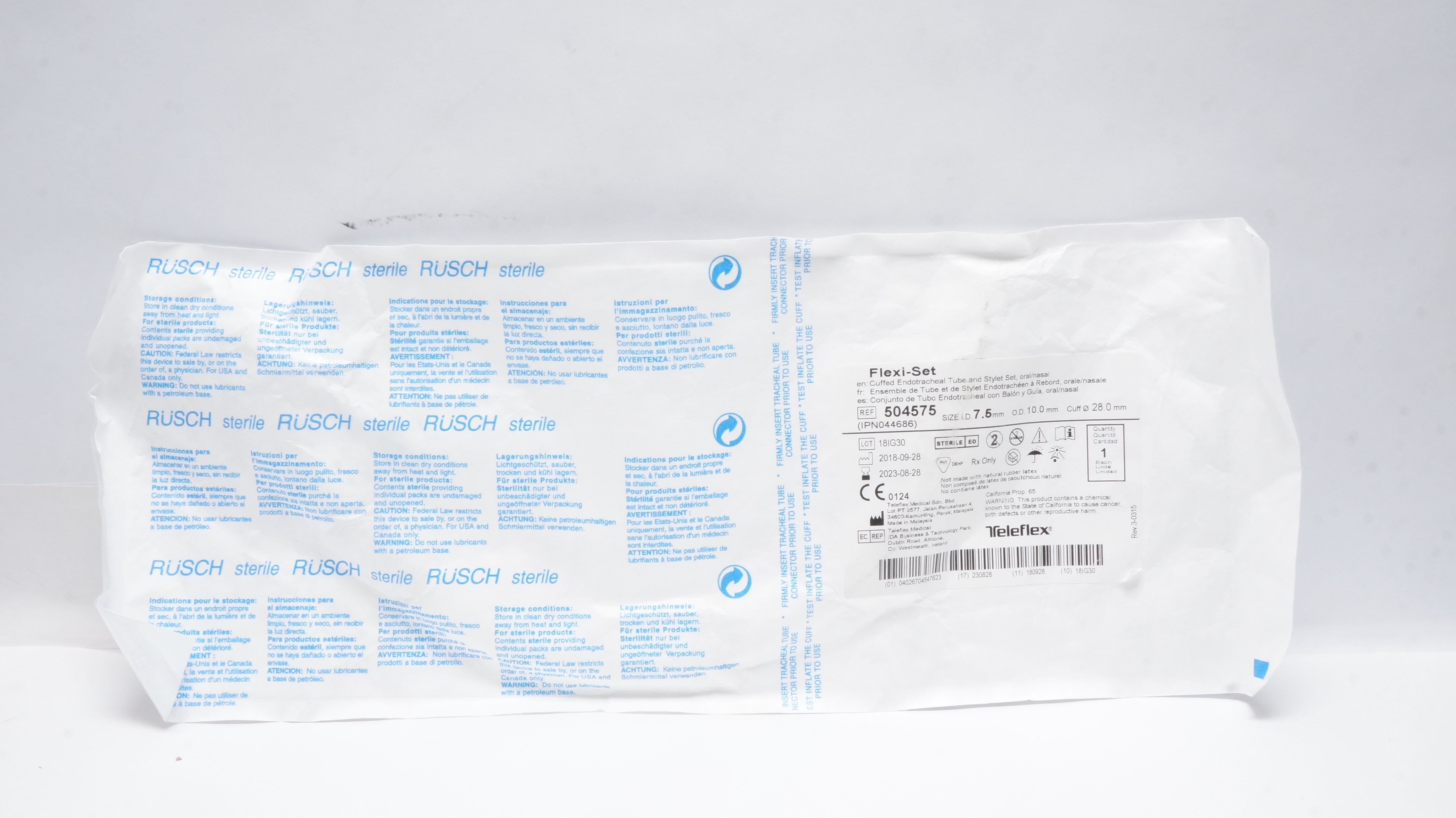 Teleflex 504575 Cuffed Endotracheal Tube & Stylet Set 7.5ID x 10.0OD x 28.0mm(x)