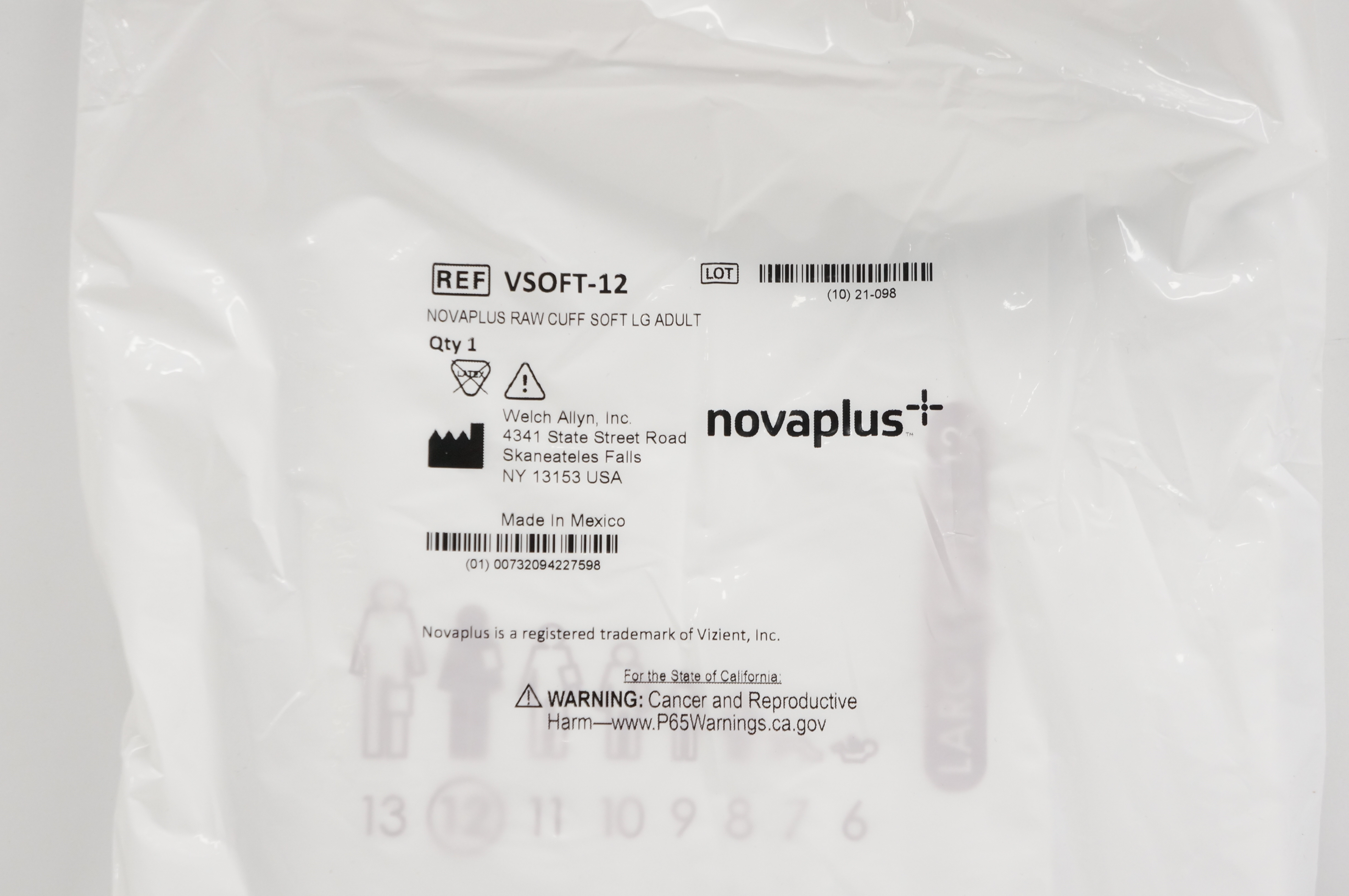 Welch Allyn VSOFT-12 Novaplus Blood Pressure Raw Cuff Soft Adult Large 12