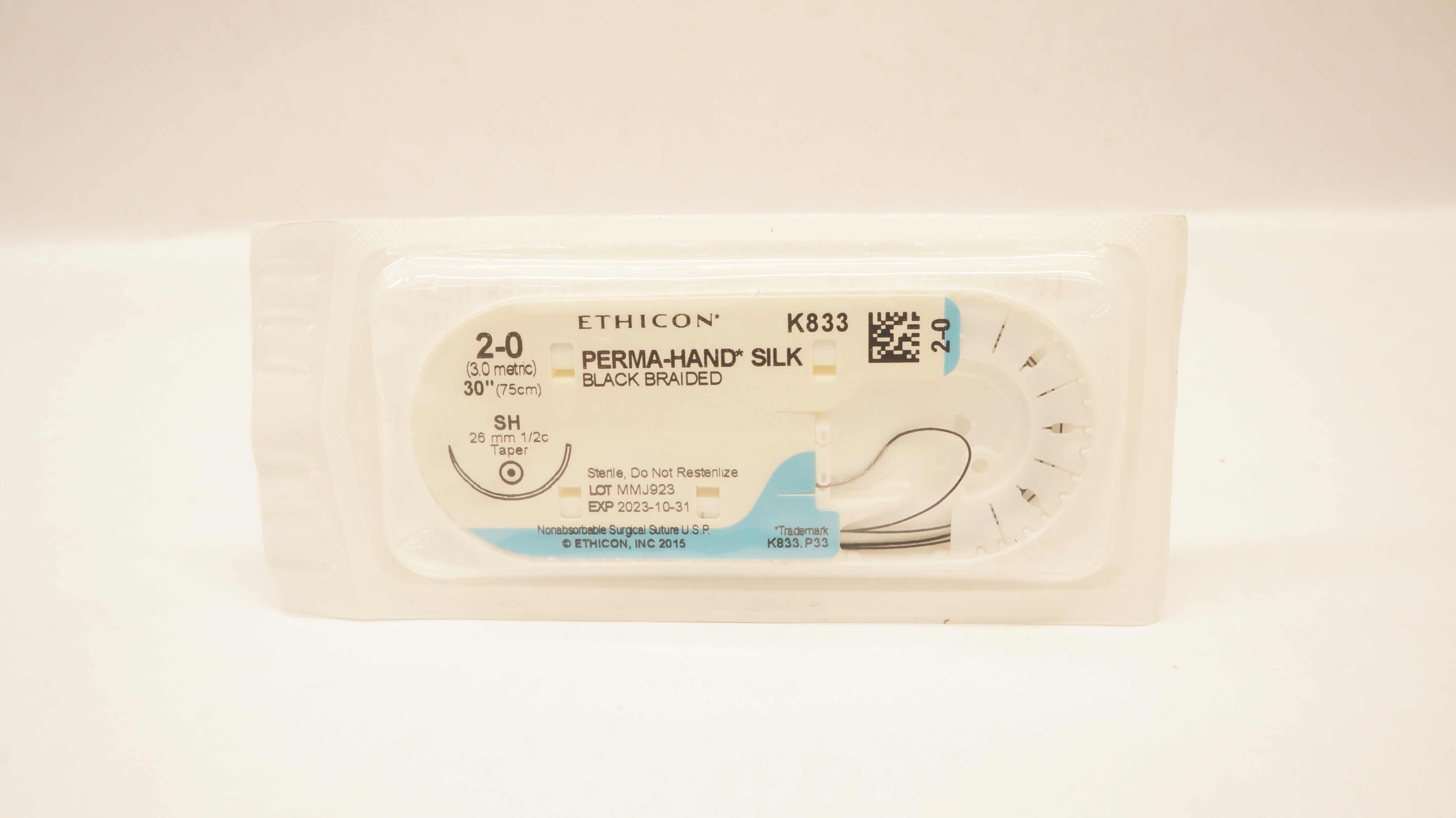 Ethicon K833 2-0 PERMA-HAND SILK Stre, SH 26mm 1/2c Taper, 30inch