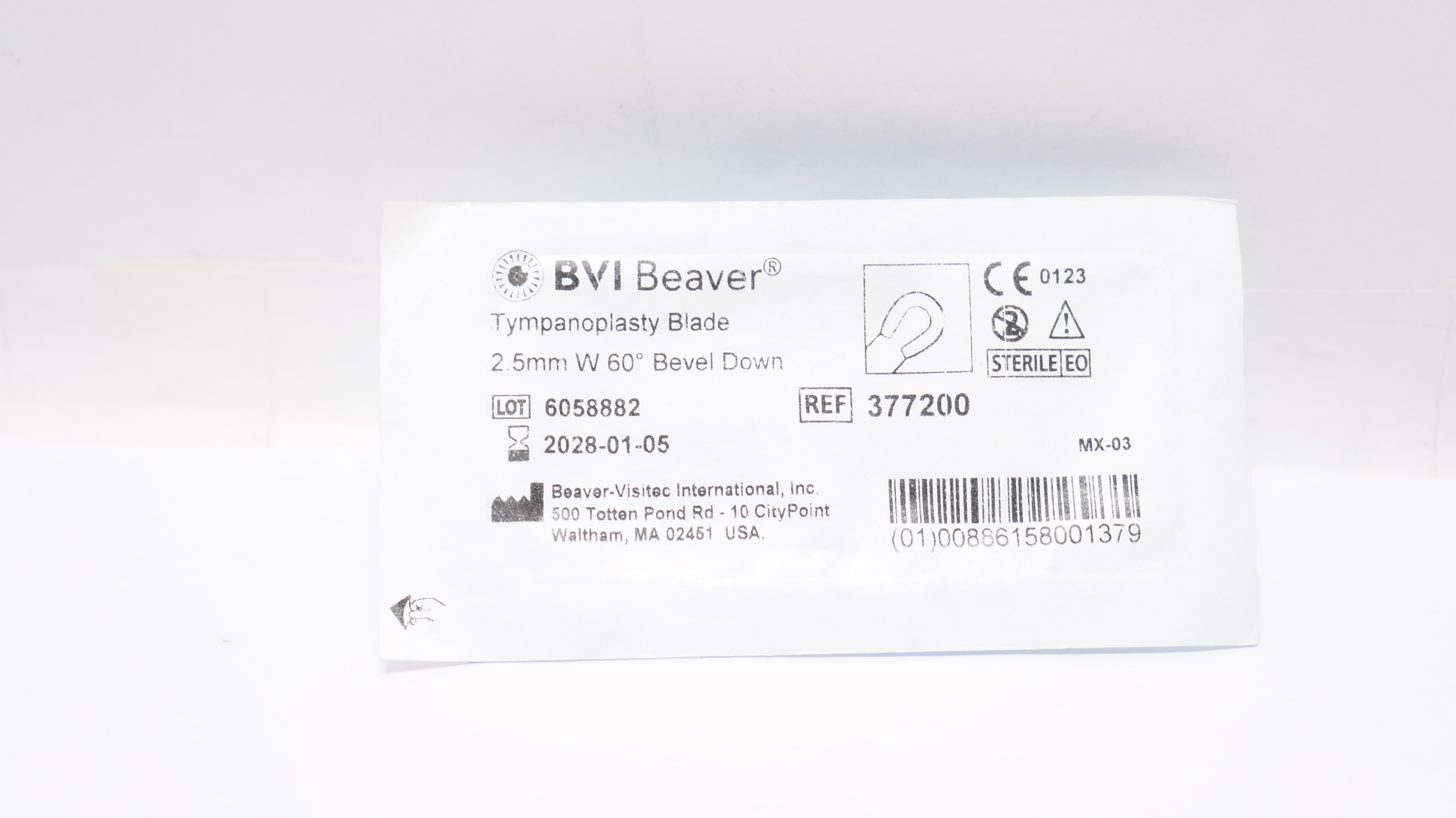 BVI Beaver Visitec 377200 Tympanoplasty Blade 2.5mm W 60° Bevel Down