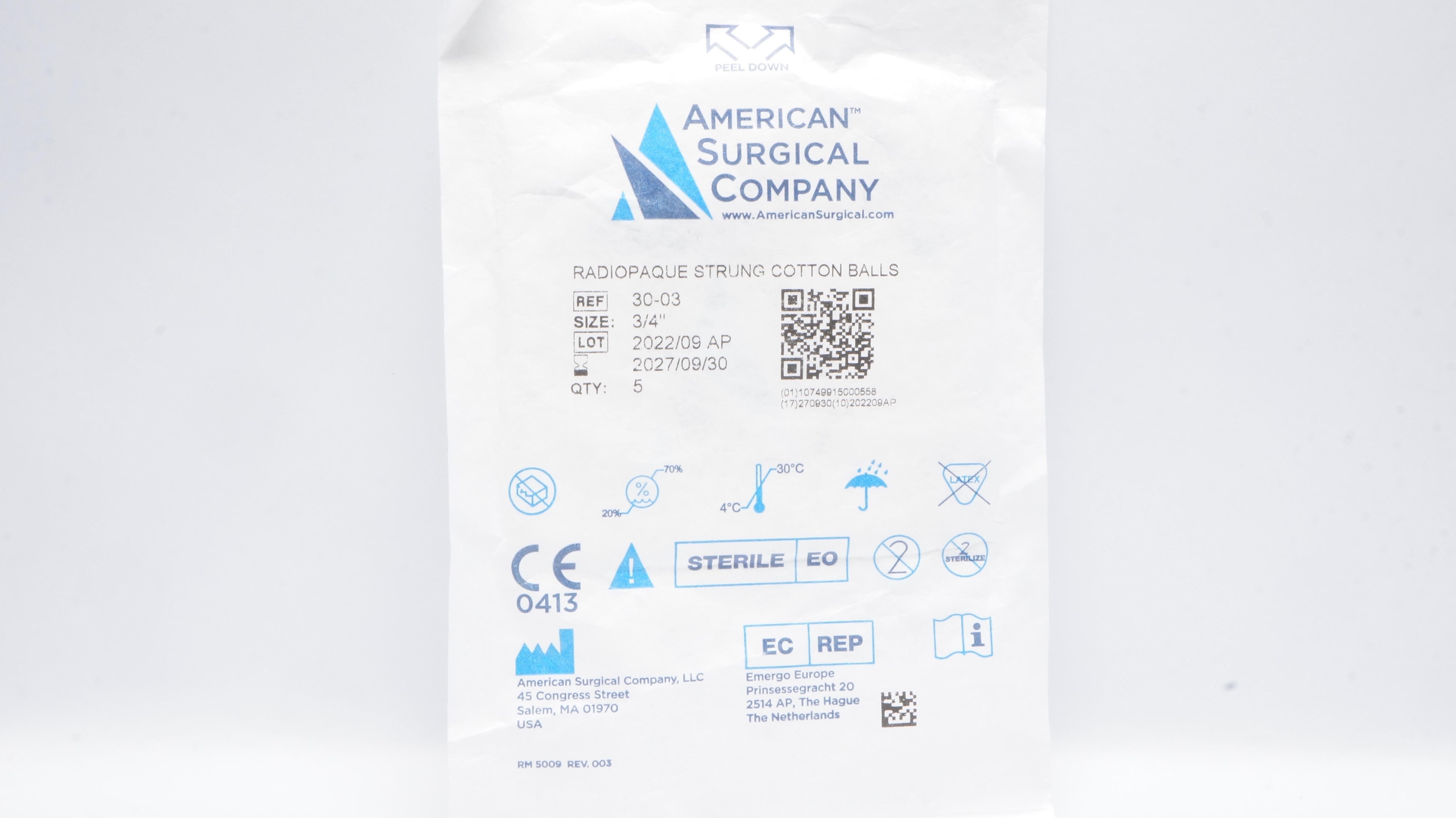 American Surgical 30-03 Radiopaque Strung Cotton Balls 3/4inch - Pack of 5