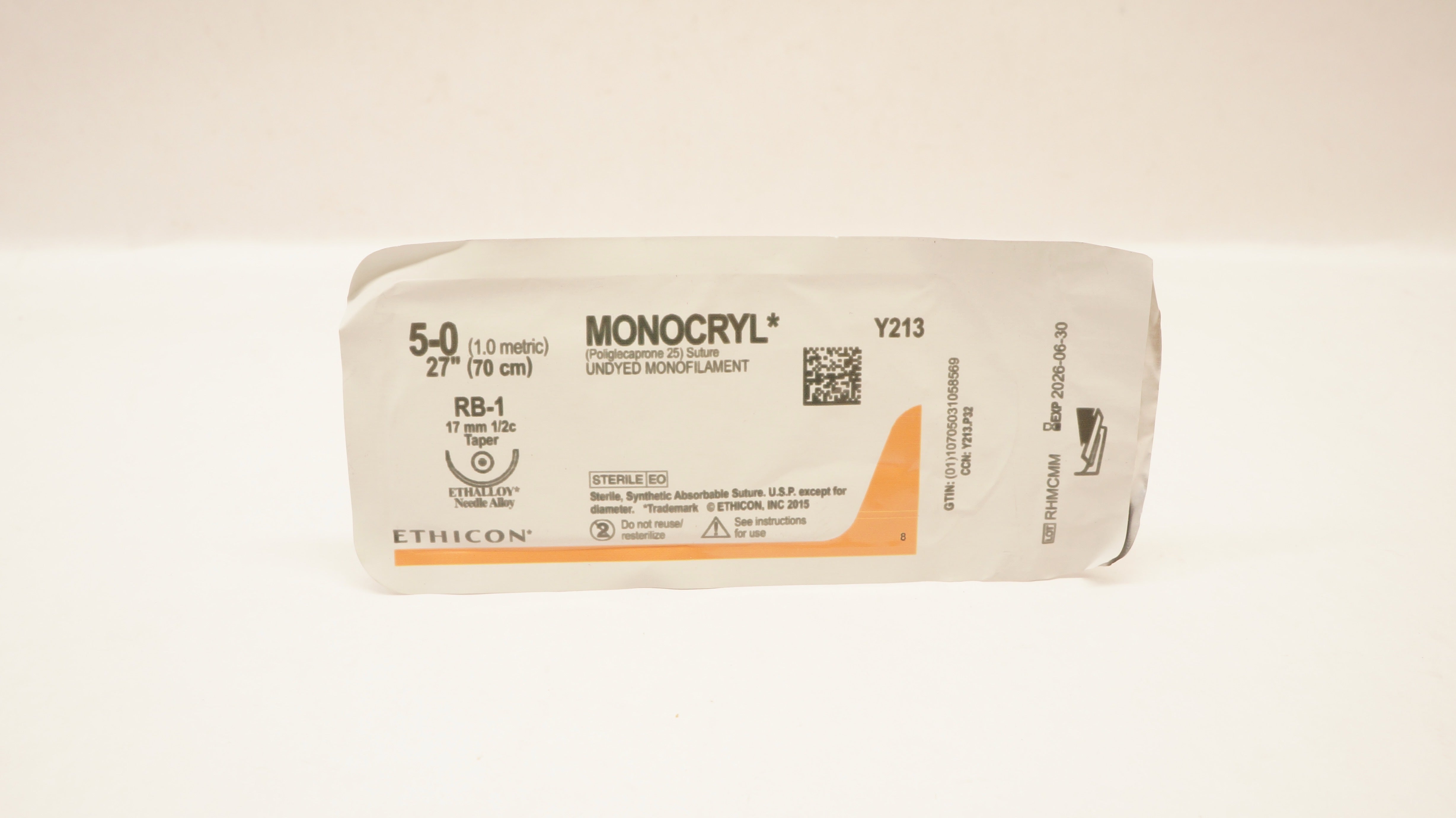 Ethicon Y213 5-0 Monocryl Undyed Monofilament, RB-1, 17mm 1/2c Taper, 27inch