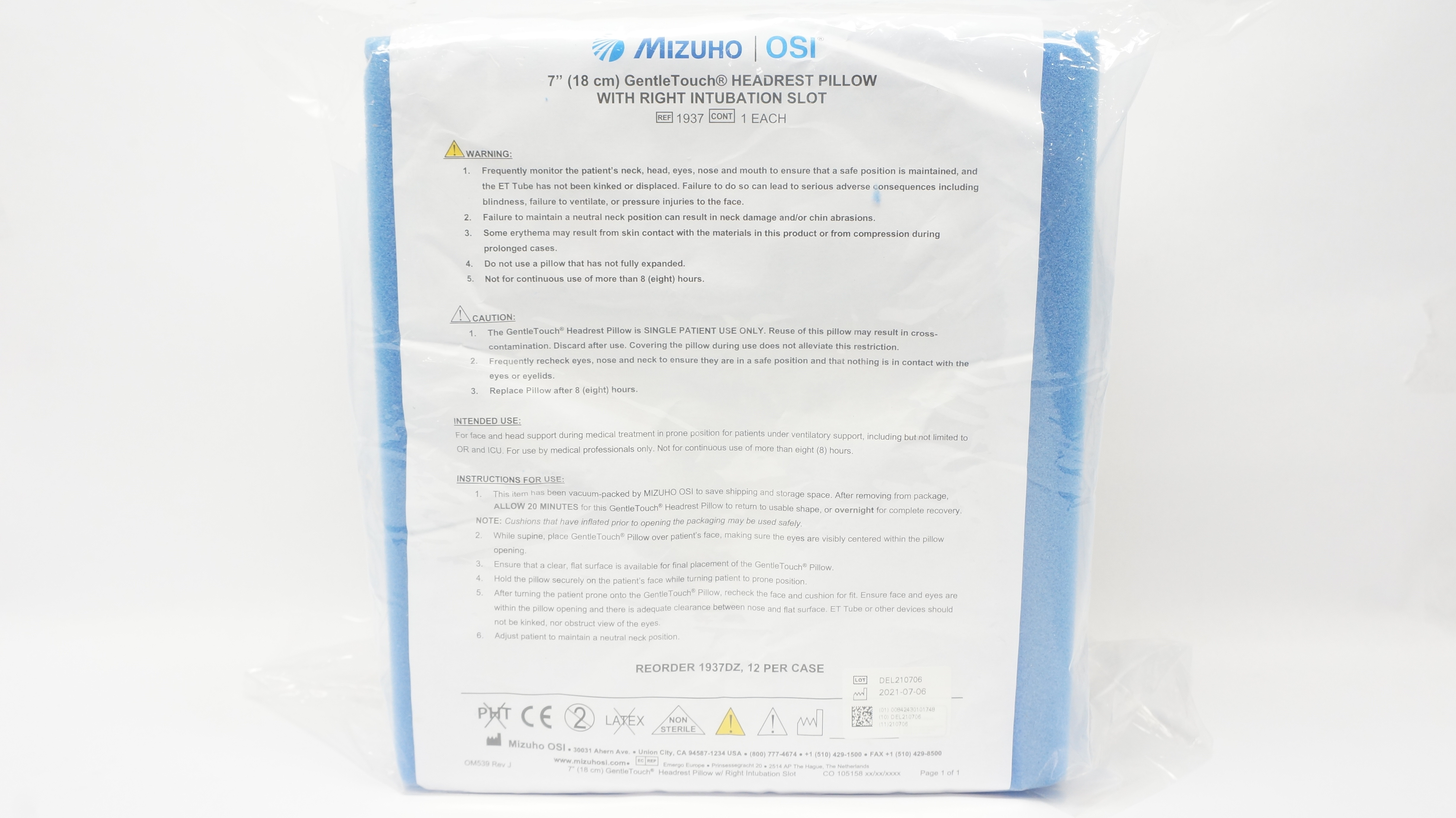 Mizuho OSI 1937 Gentle Touch Headrest Pillow w/ Right Intubation Slot, 7inch