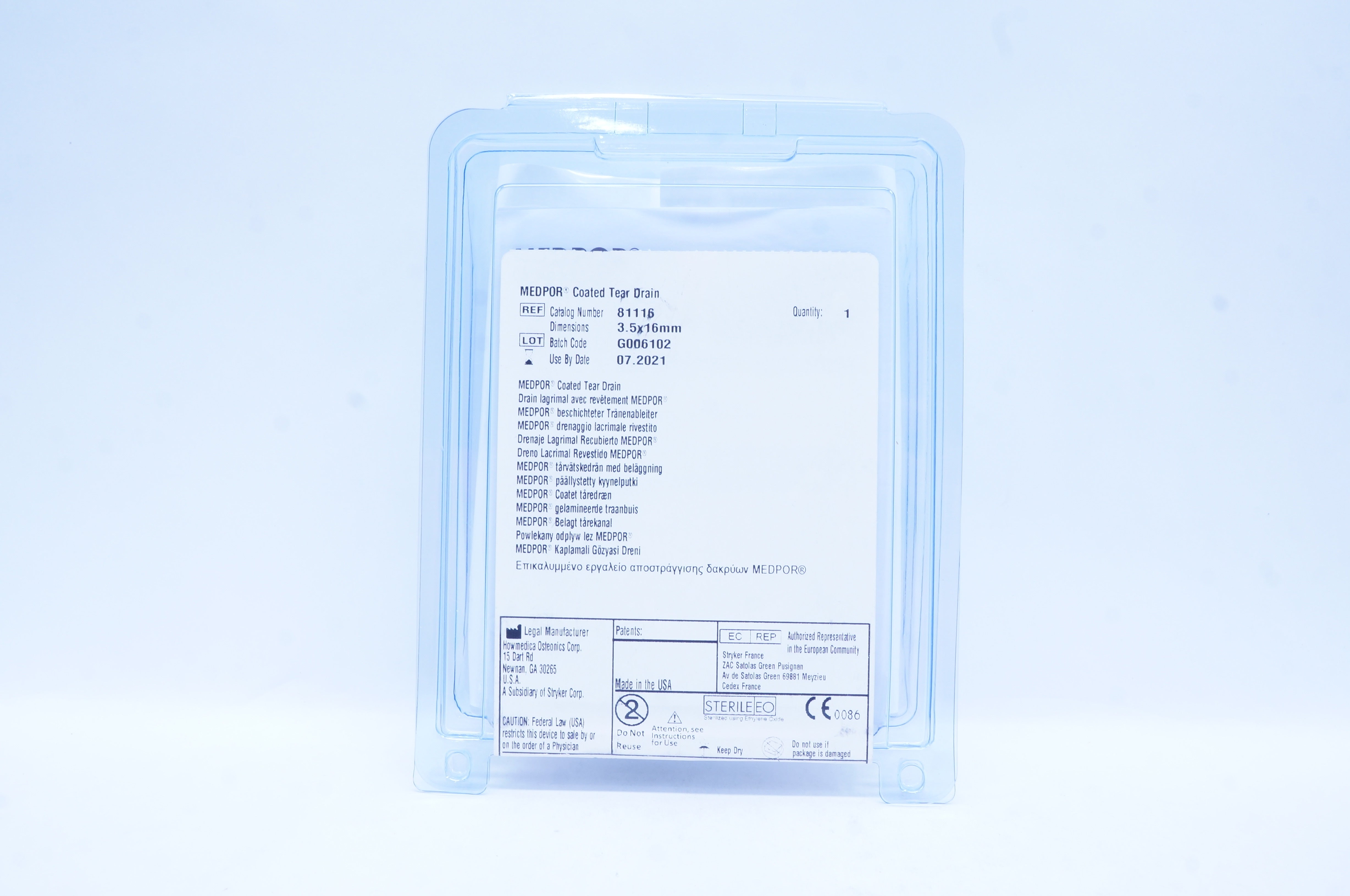 Stryker 81116 Medpor Coated Tear Drain 3.5mm x 16mm