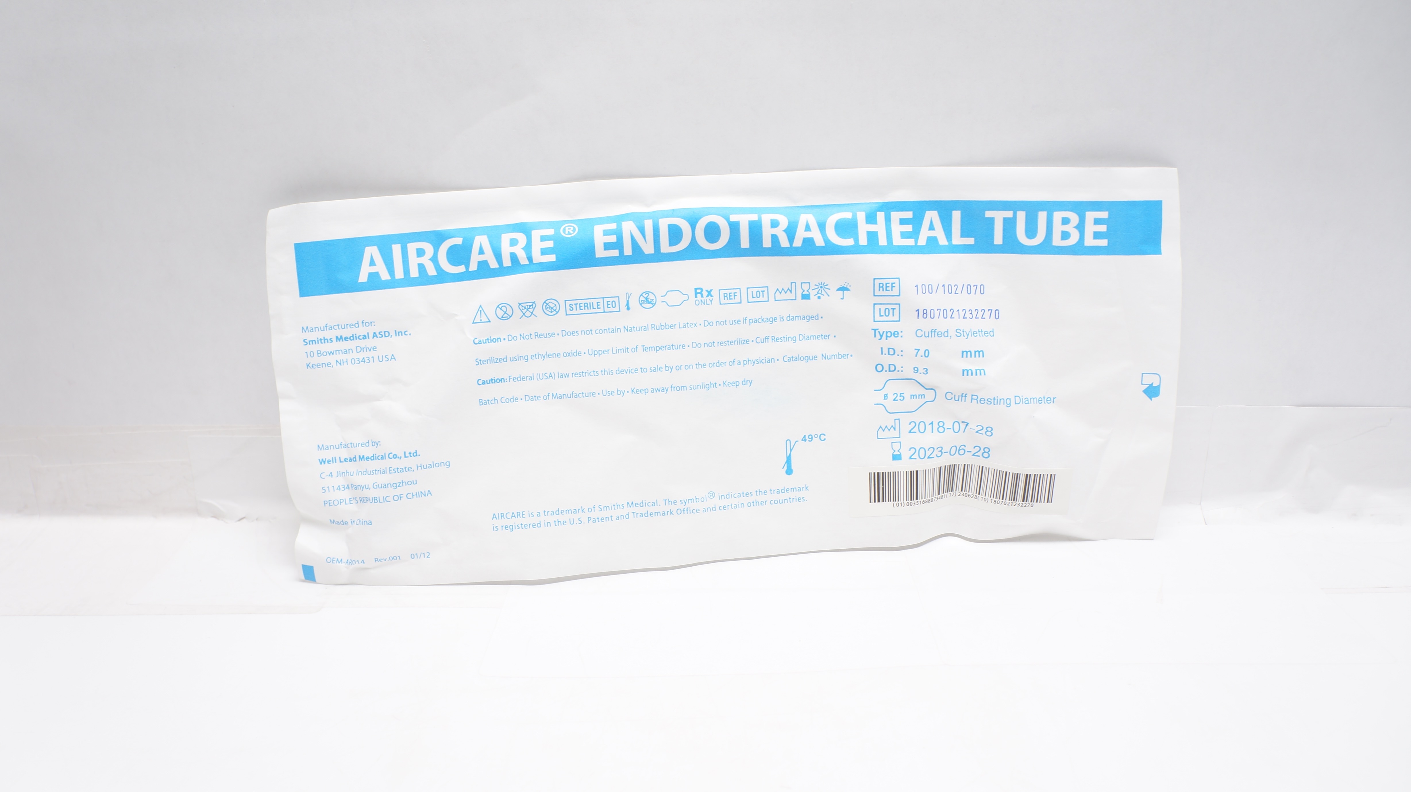 Smiths Medical 100/102/070 Aircare Endotracheal Tube 7.0mm x 9.3mm x 25mm (x)